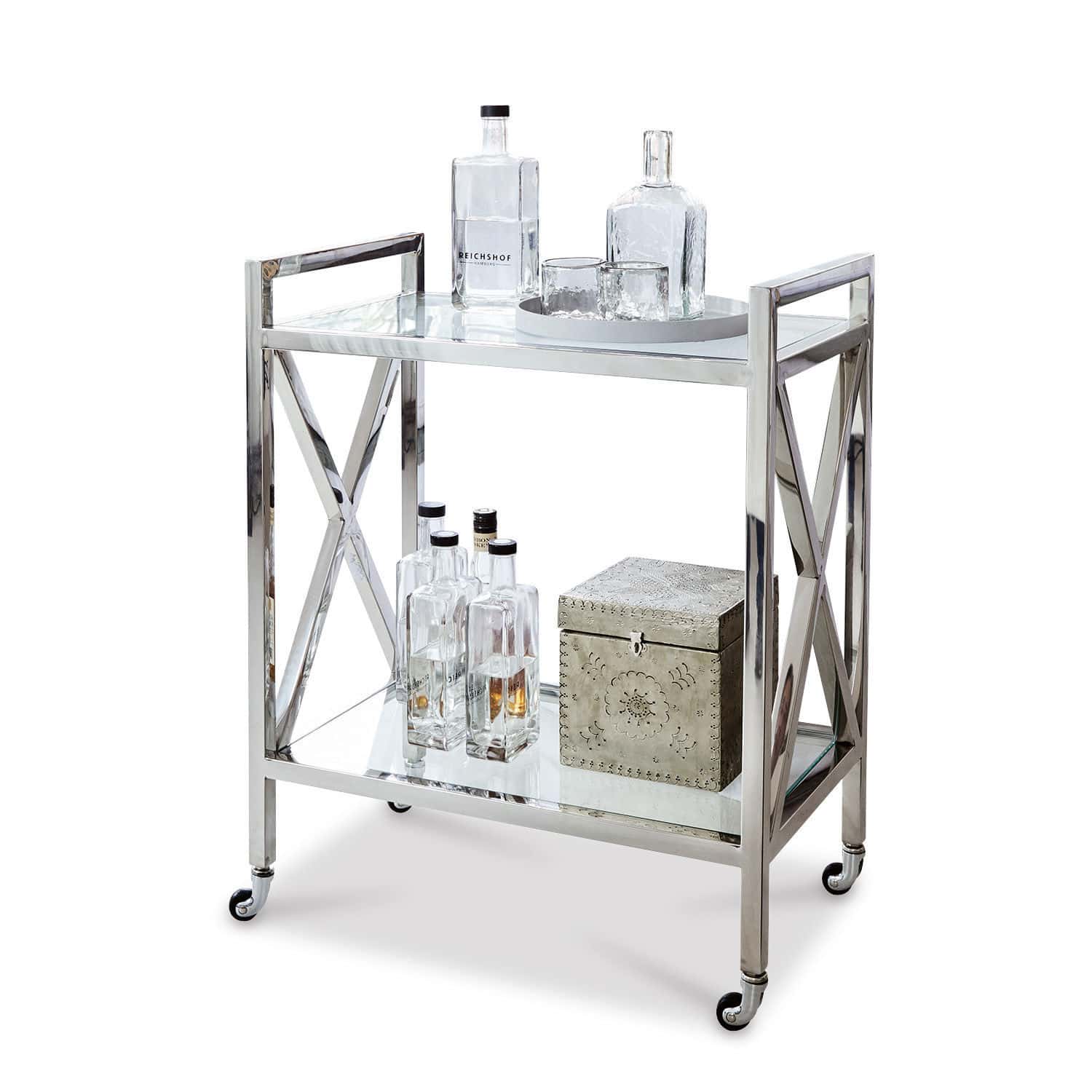 Carrello bar Stamford Carrello bar in metallo con ruote, due ripiani in vetro e bottiglie decorative