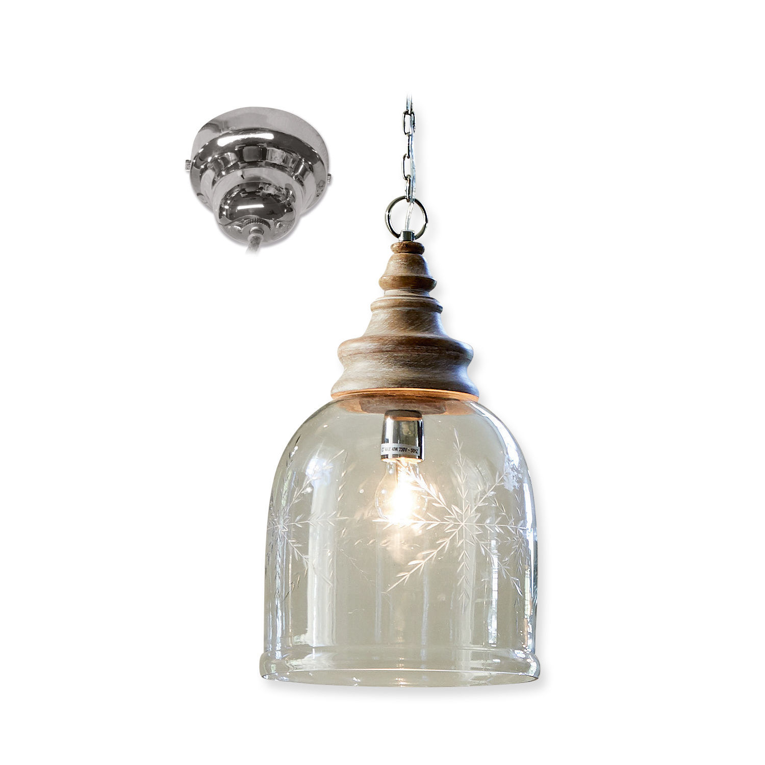 Lampada a sospensione Bretterly Lampada a sospensione in vetro inciso e legno naturale, lampada da soffitto decorativa con lampadina visibile