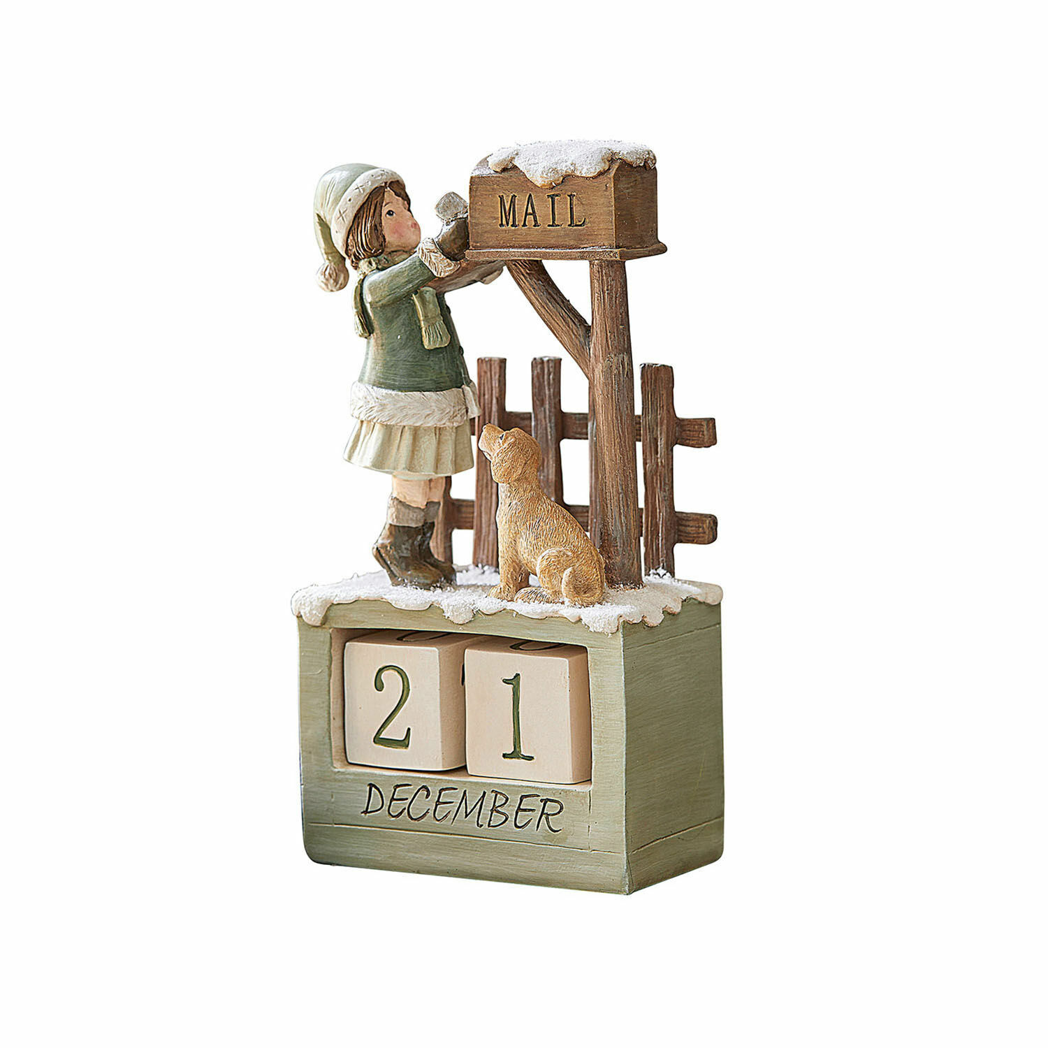 Calendario Leonce Calendario dell'Avvento in legno con figura di bambina e cane vicino a cassetta postale innevata verde e beige