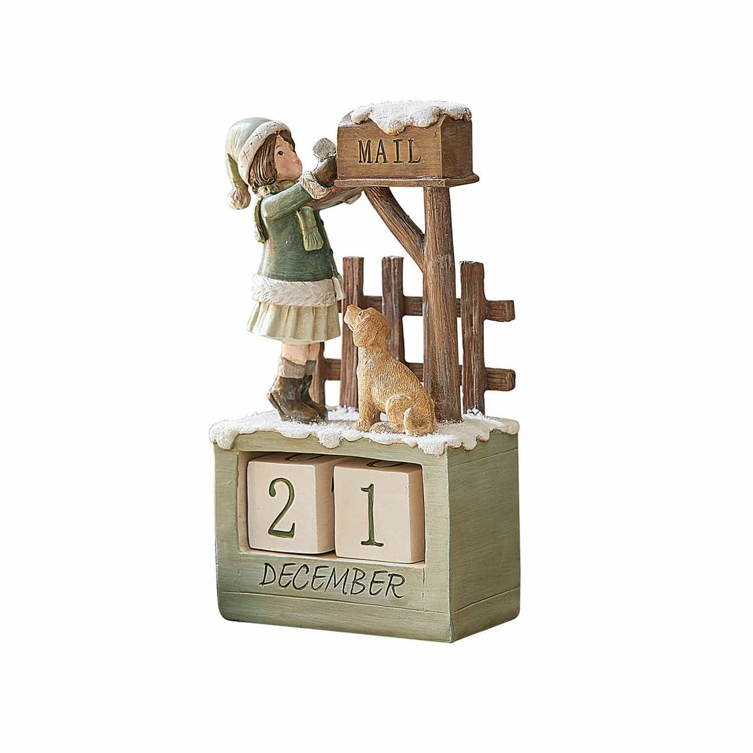 Calendario Leonce Calendario dell'Avvento in legno con figura di bambina e cane vicino a cassetta postale innevata verde e beige