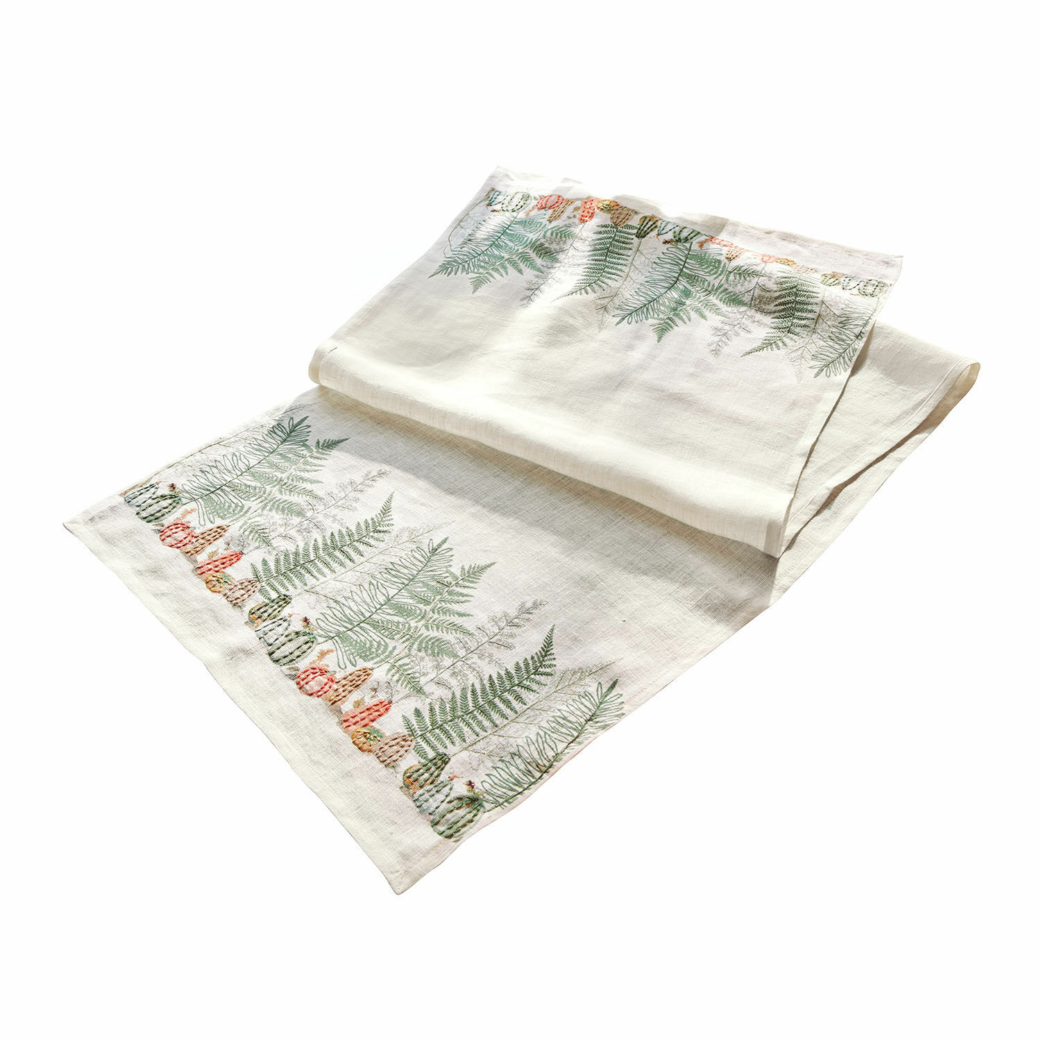 Runner Lorimare Runner da tavola in lino color ecru con foglie di felce verdi e accenti arancioni per decorazione