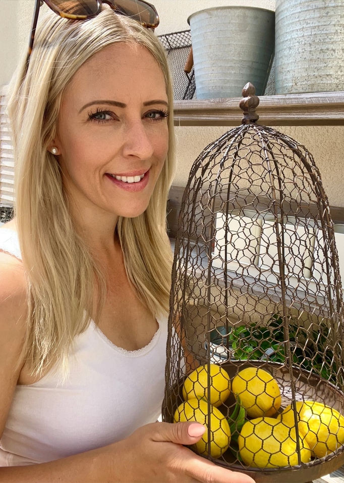 Donna che tiene una gabbia di metallo con limoni gialli davanti a vasi rustici