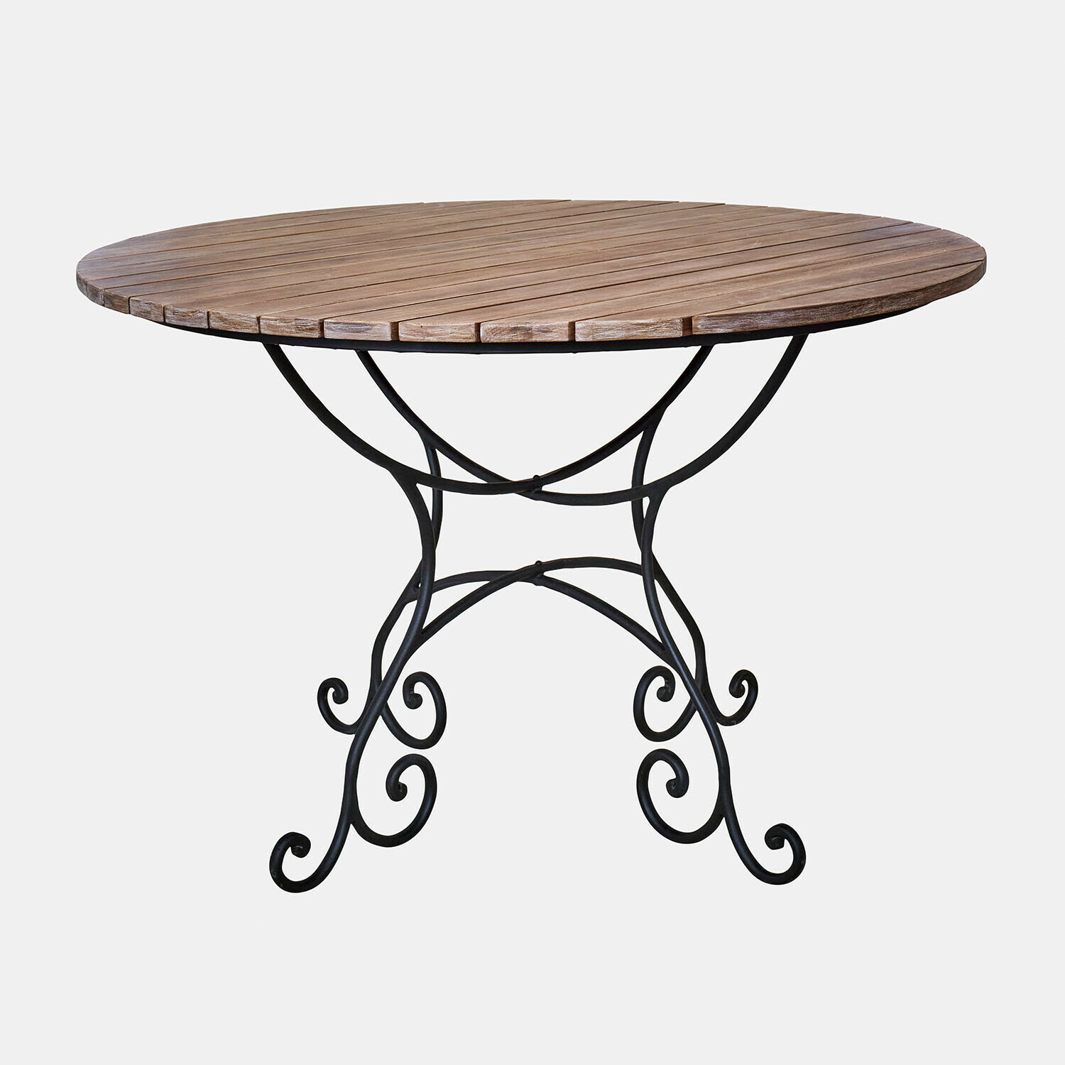 Tavolo Arémont Tavolo rotondo con piano in legno e base in metallo nero con decorazioni a spirale, arredo da giardino