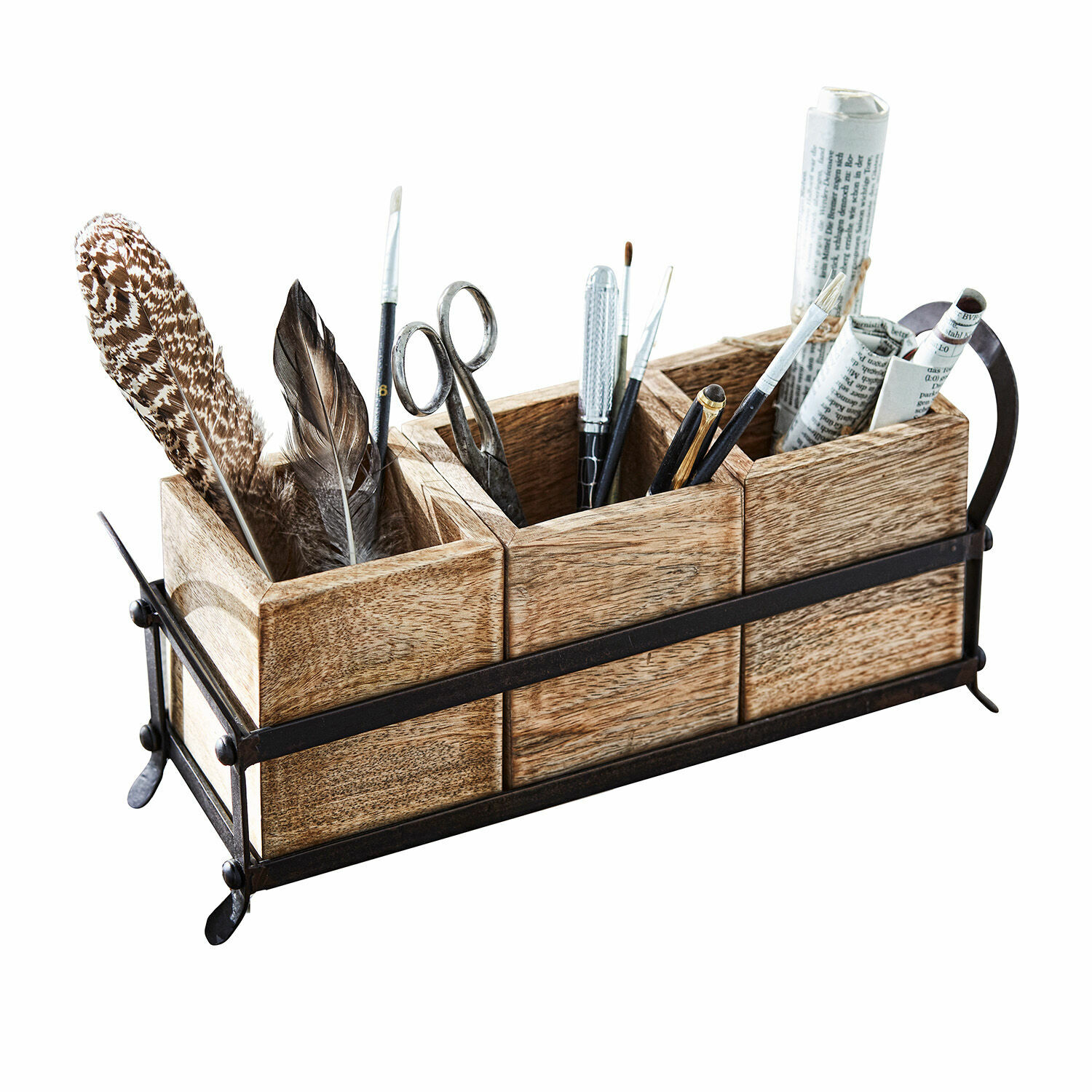 Portaoggetti Lasse Organizer da scrivania in legno e metallo colore naturale con piume e strumenti per scrivere