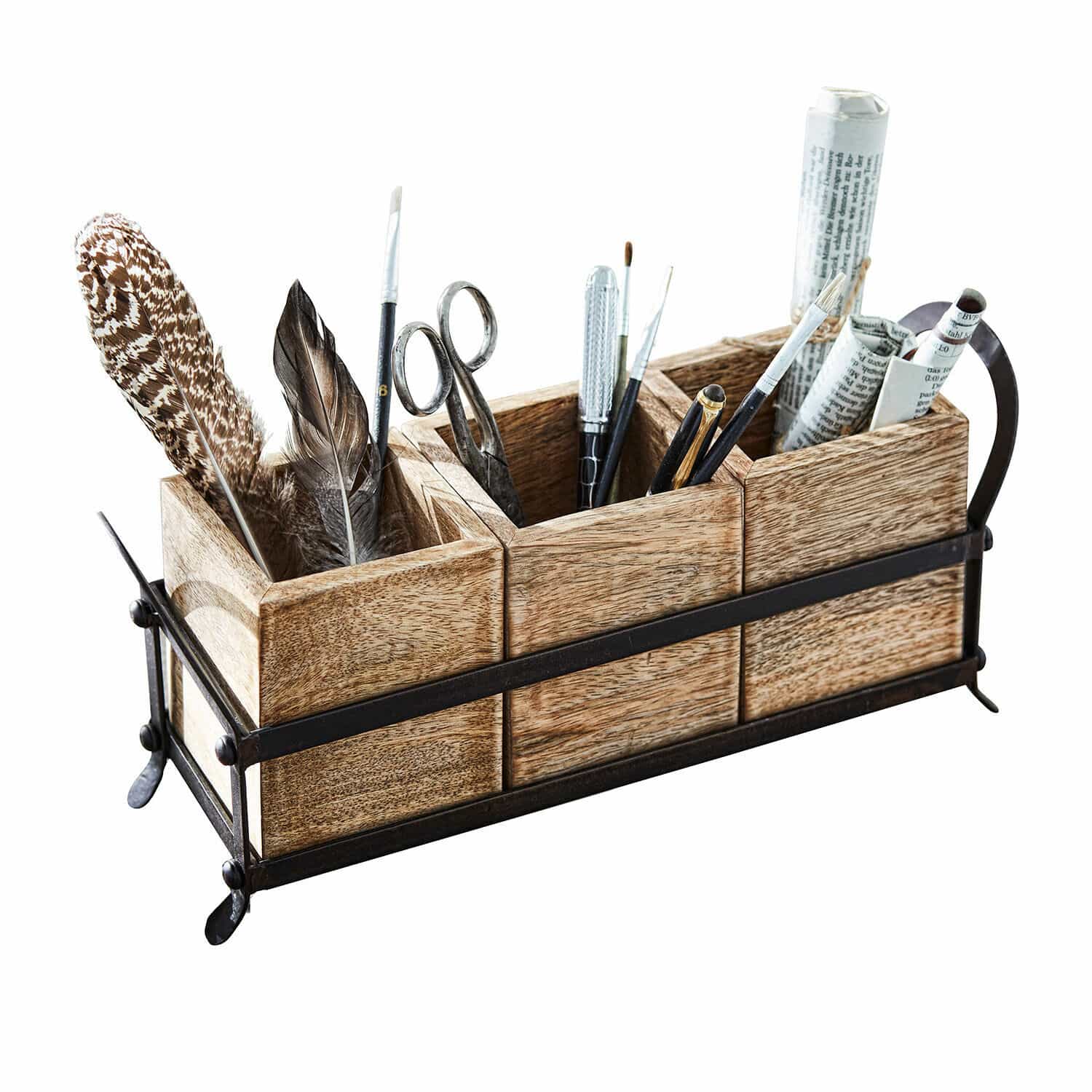 Portaoggetti Lasse Organizer da scrivania in legno e metallo colore naturale con piume e strumenti per scrivere