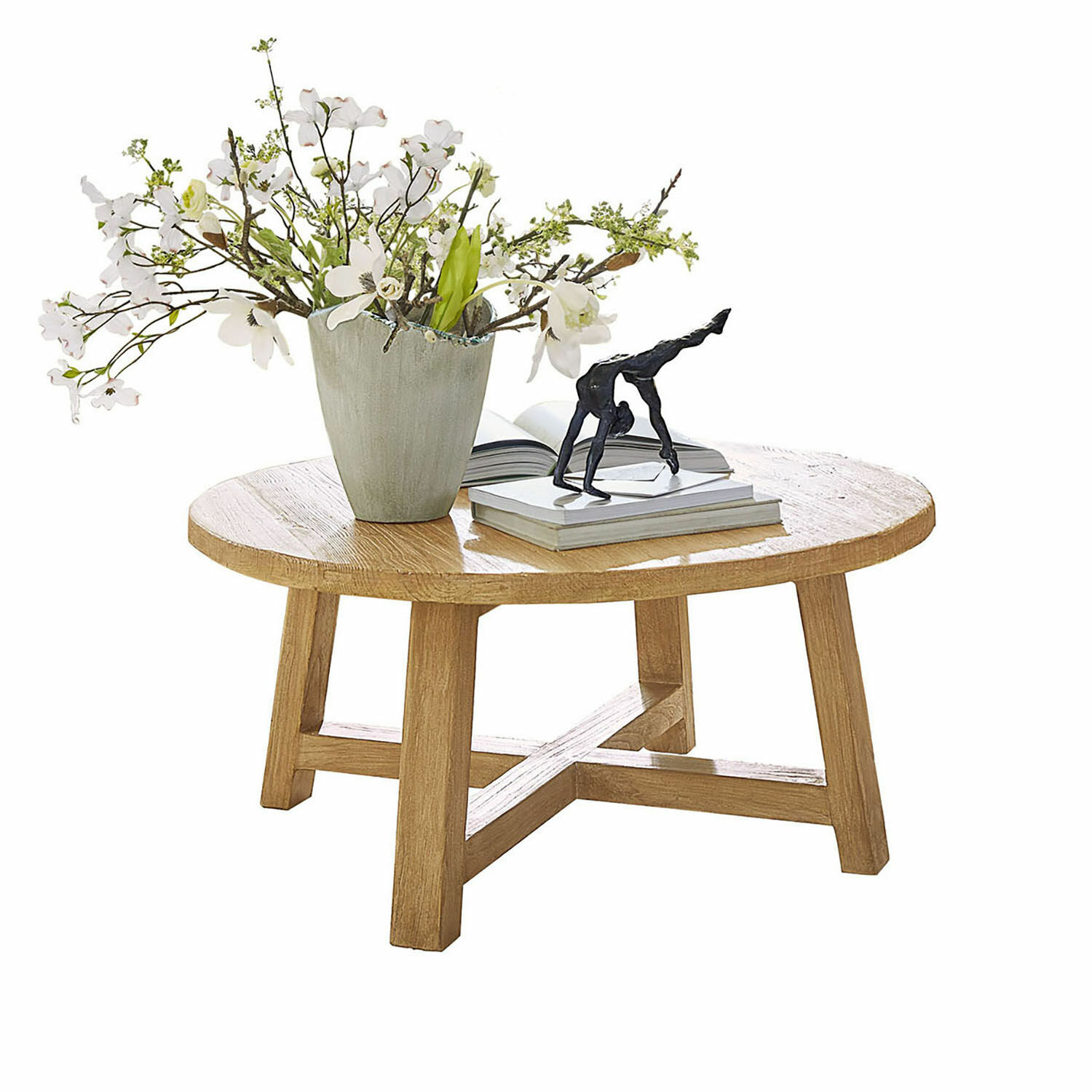 Tavolino da salotto Gorivel Tavolino rotondo in legno di quercia naturale con decorazione floreale e statua su libri impilati