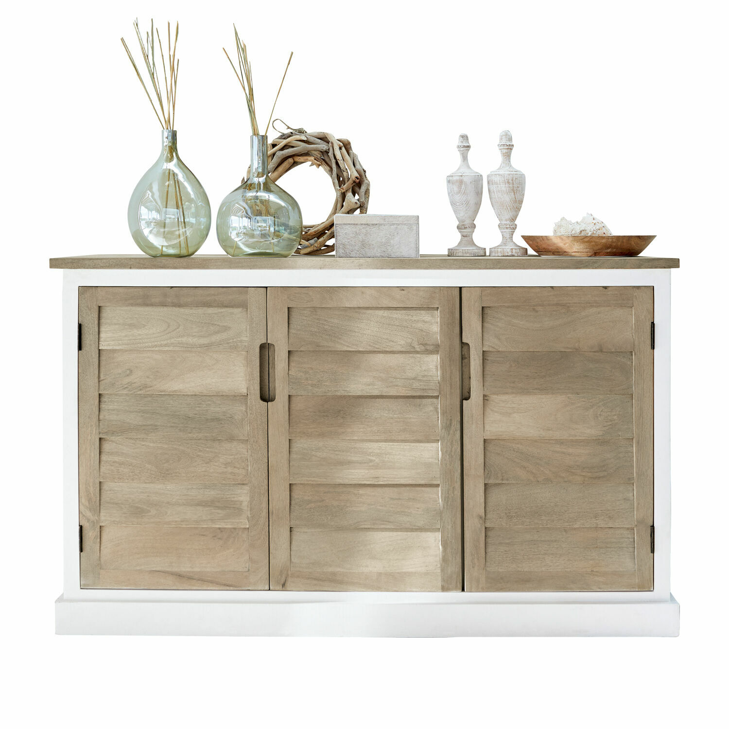 Credenza bassa Frapelle Credenza in legno naturale e bianco con decorazioni in vetro e legno sul piano