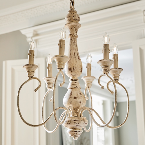 Lampadario sospeso Greenwich in metallo bianco invecchiato, classico lampadario a sei bracci