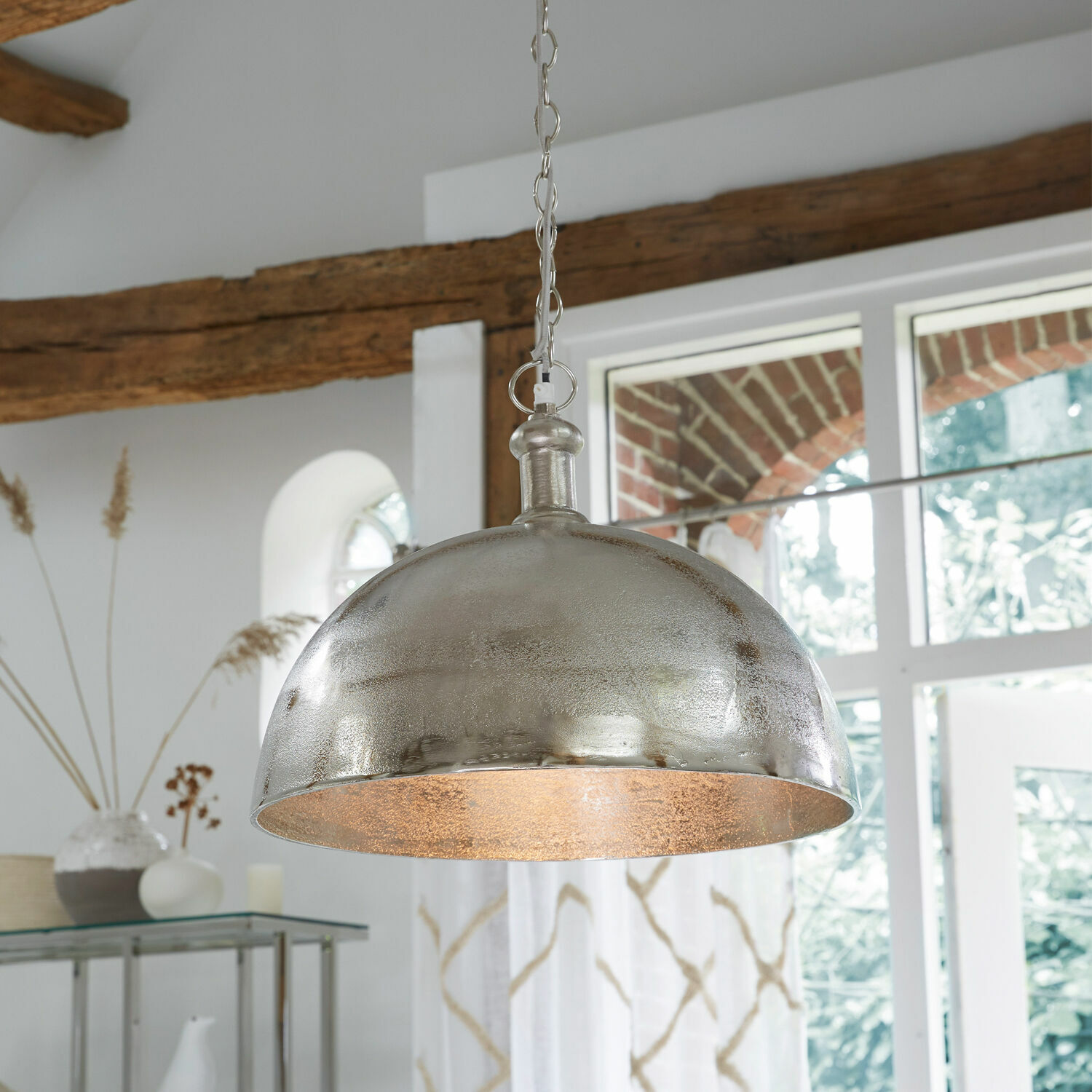 Lampada a sospensione Kandi Lampada a sospensione in metallo argento con catena, illuminazione moderna per soggiorno
