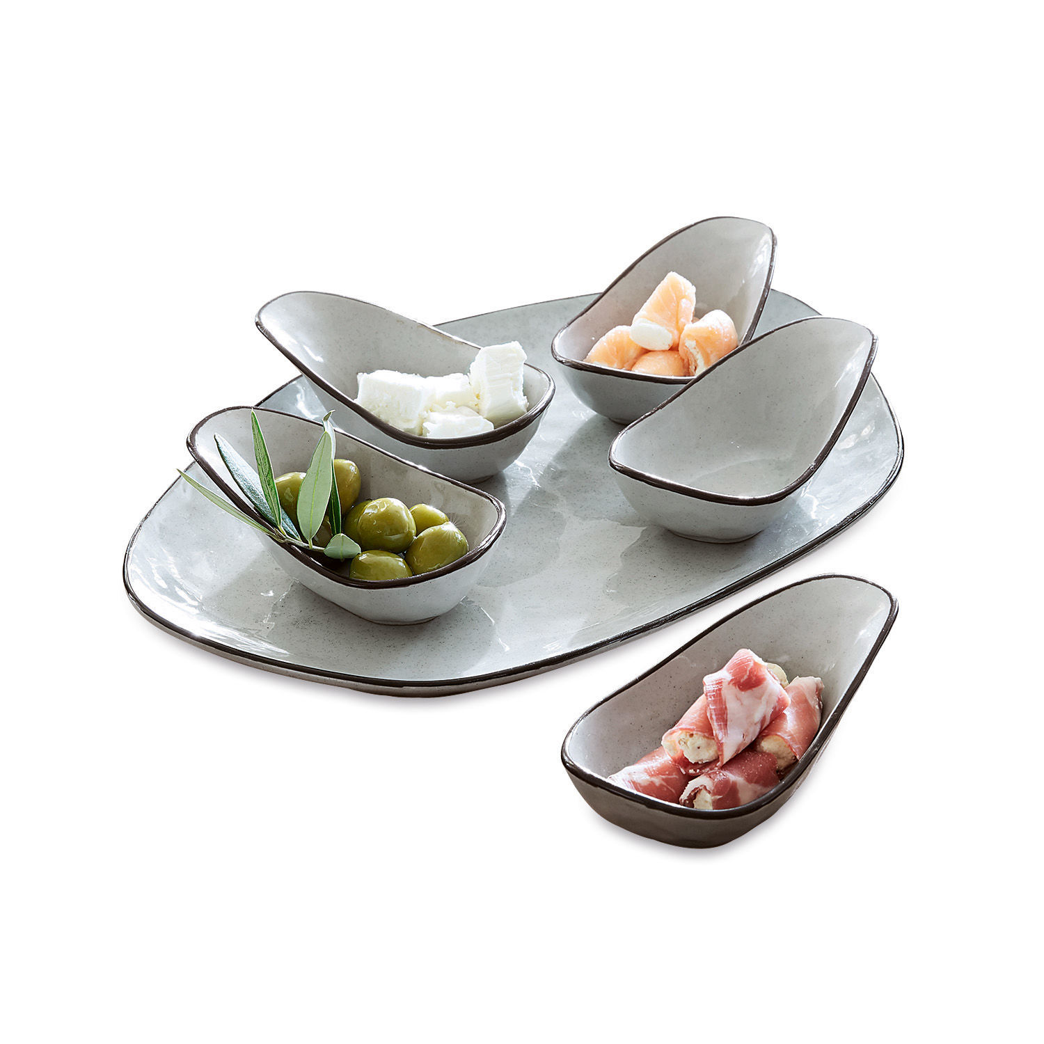Set di 6 ciotoline su piatto Biarré Set di ciotole in ceramica grigia per antipasti con olive e formaggio