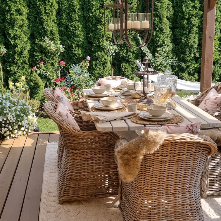 Set di mobili da giardino in vimini naturale con tavolo bianco e decorazioni su terrazza soleggiata