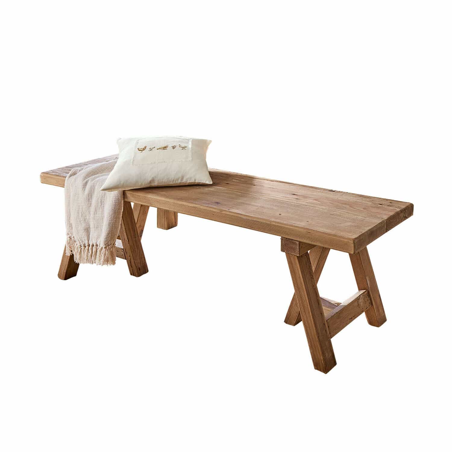 Panca Amherst Panca in legno di pino naturale con cuscino e coperta beige per soggiorno rustico