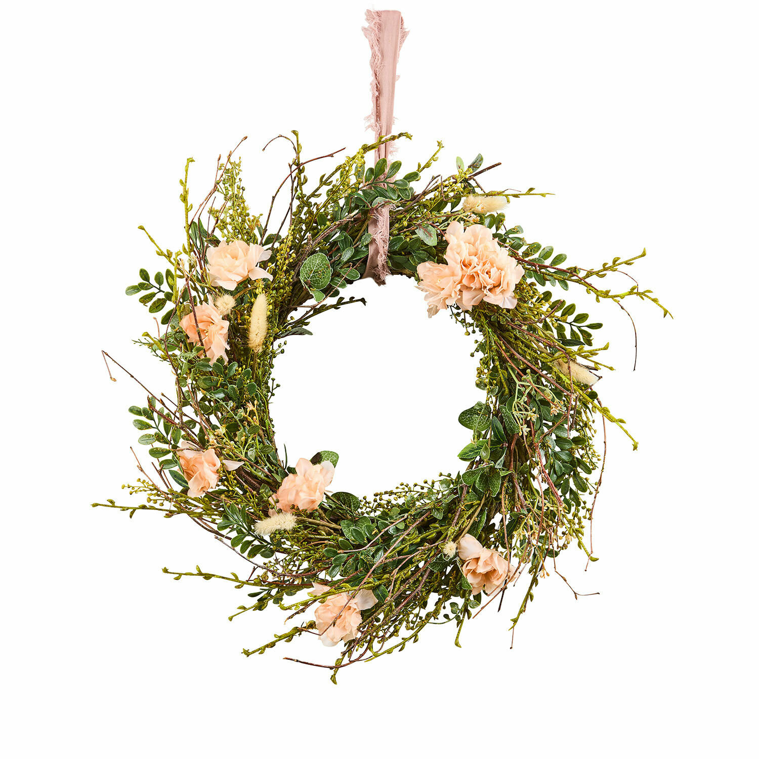 Ghirlanda Chérisse Corona decorativa con rami verdi e fiori rosa chiaro appesa a nastro rosa