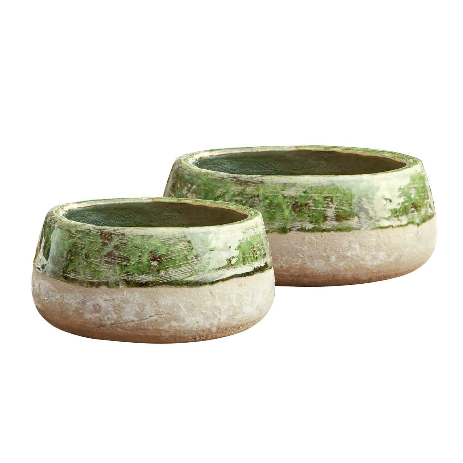 Coppia di ciotole Reefton Set di due vasi in ceramica verde e beige per decorazione da giardino e casa