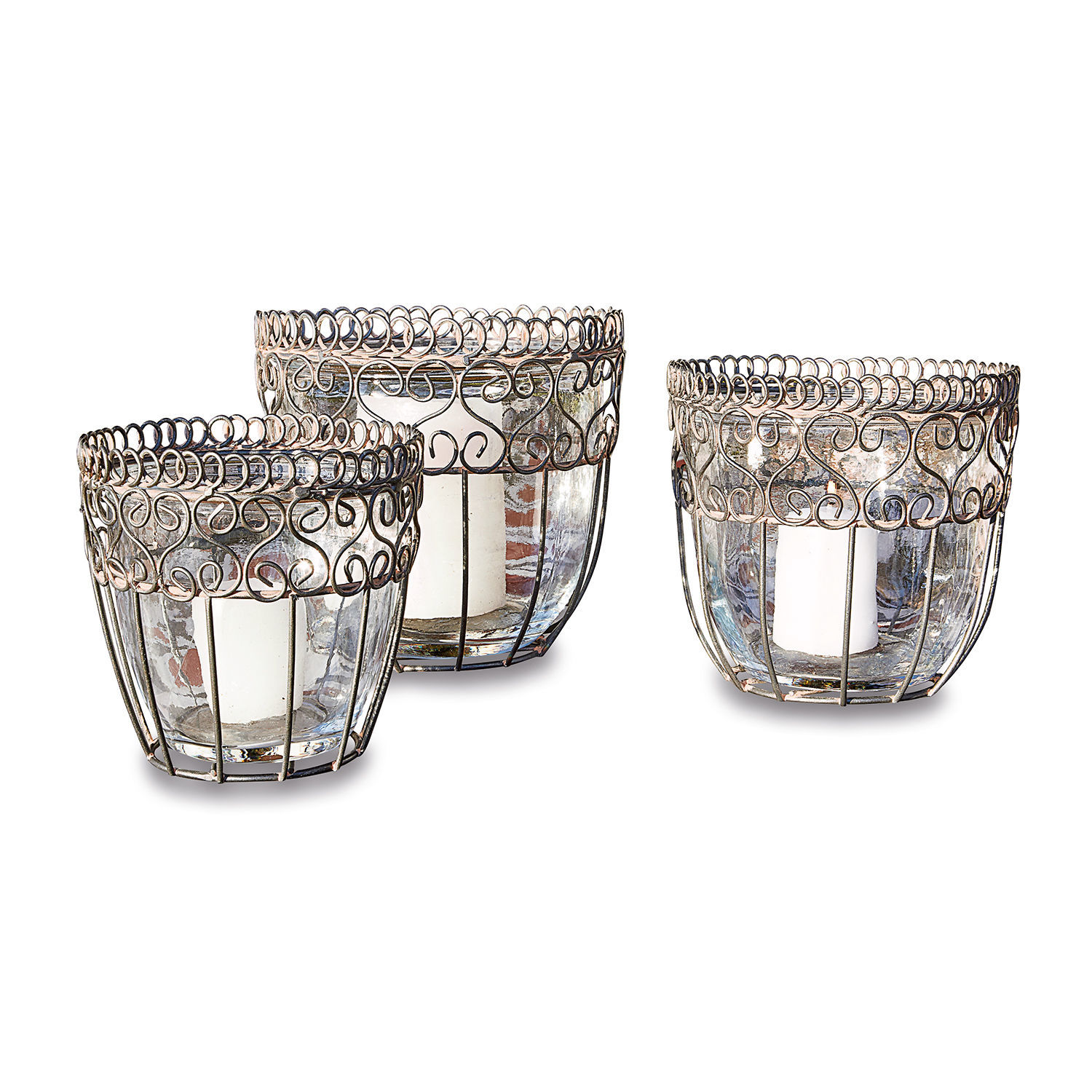 Set di 3 portalumini Soufia Set di tre portacandele in vetro con cornice metallica decorativa color argento per decorazione interna