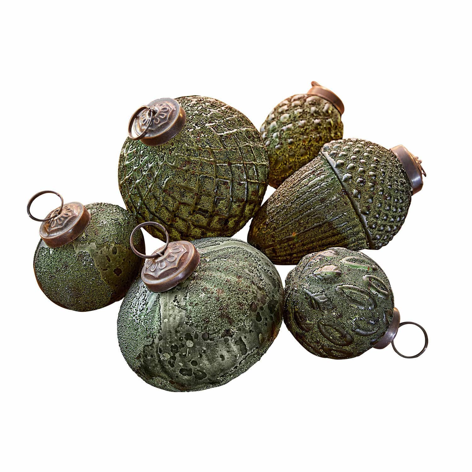 Set di decorazioni natalizie verdi con texture e anelli metallici per appendere all'albero
