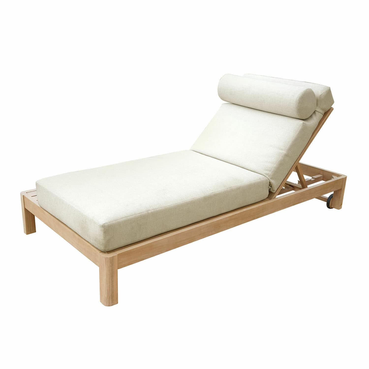 Lettino FSC®-100% Lemorette Lettino con cuscino beige chiaro e struttura in legno, mobile comodo per il relax all'aperto