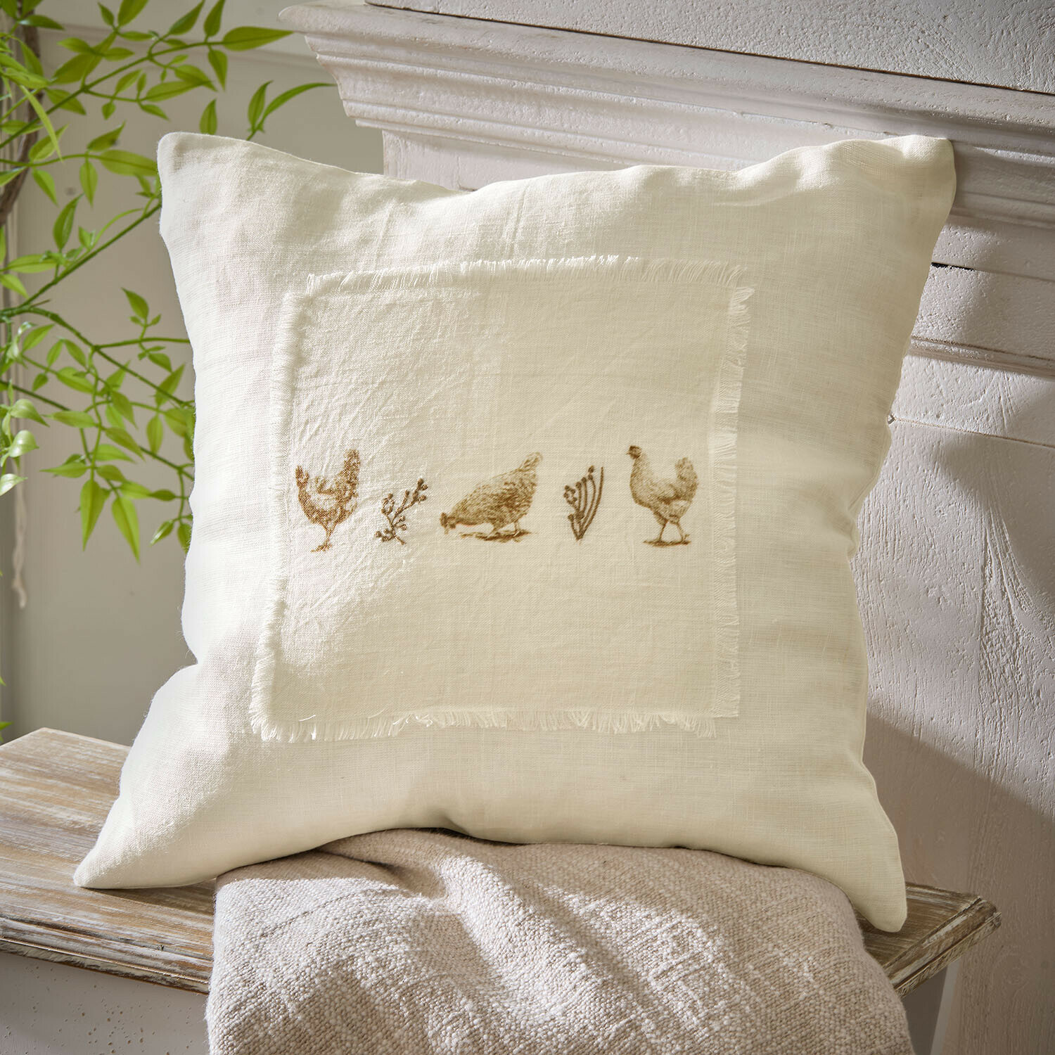 Copricuscino Chavéreau Cuscino in lino beige con stampa di galline e piante, decorazione naturale per soggiorno o camera