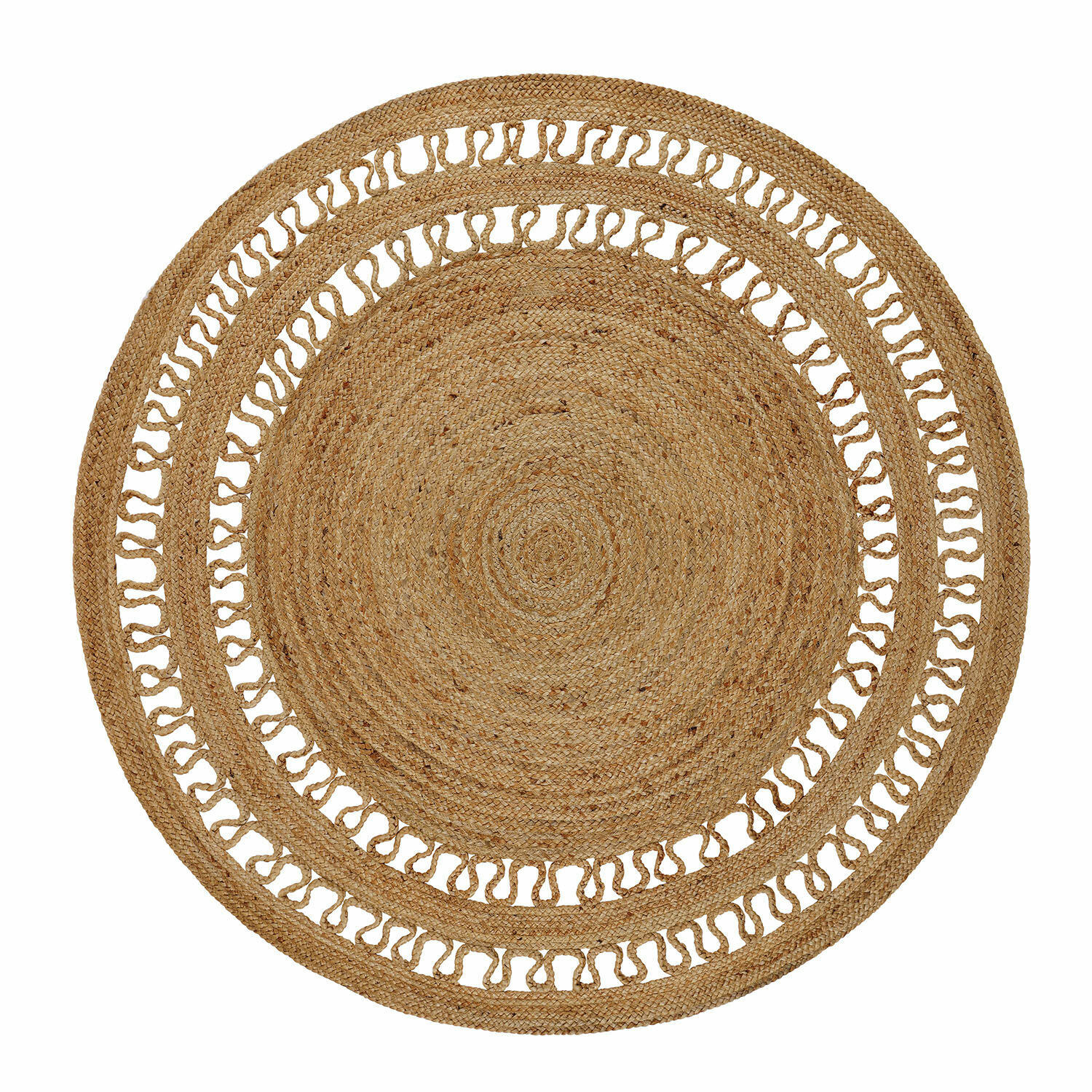 Tappeto Nymarion Tappeto rotondo in juta colore naturale con motivo decorativo e anelli aperti