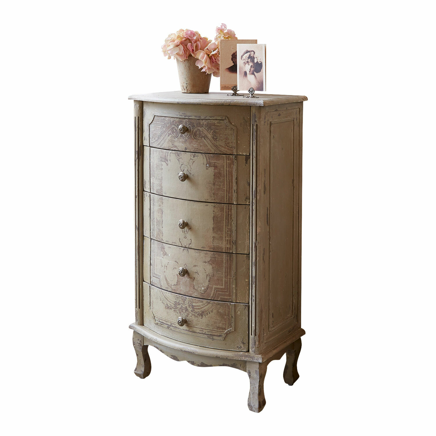 Cassettiera Estere Comò in legno beige invecchiato con cinque cassetti e motivo decorativo vintage elegante