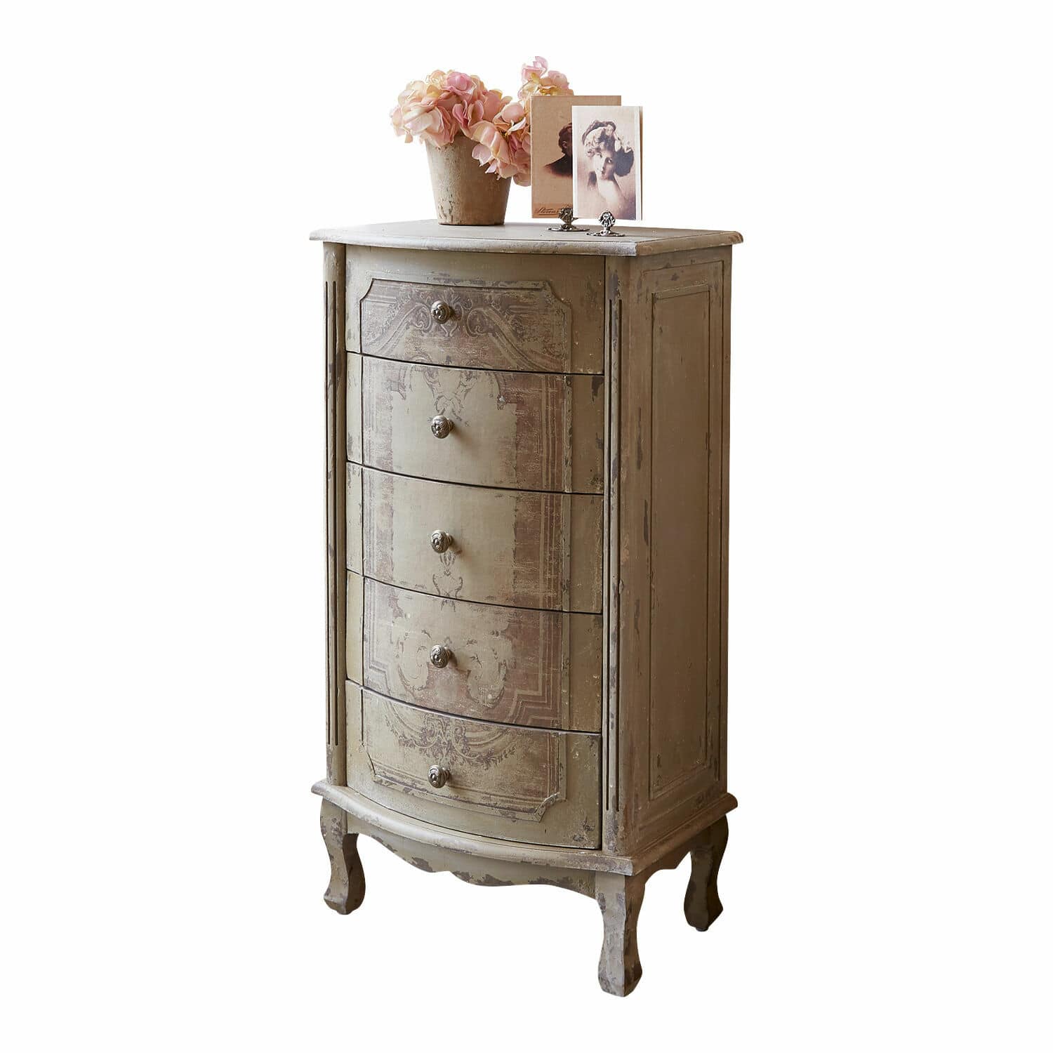 Cassettiera Estere Comò in legno beige invecchiato con cinque cassetti e motivo decorativo vintage elegante