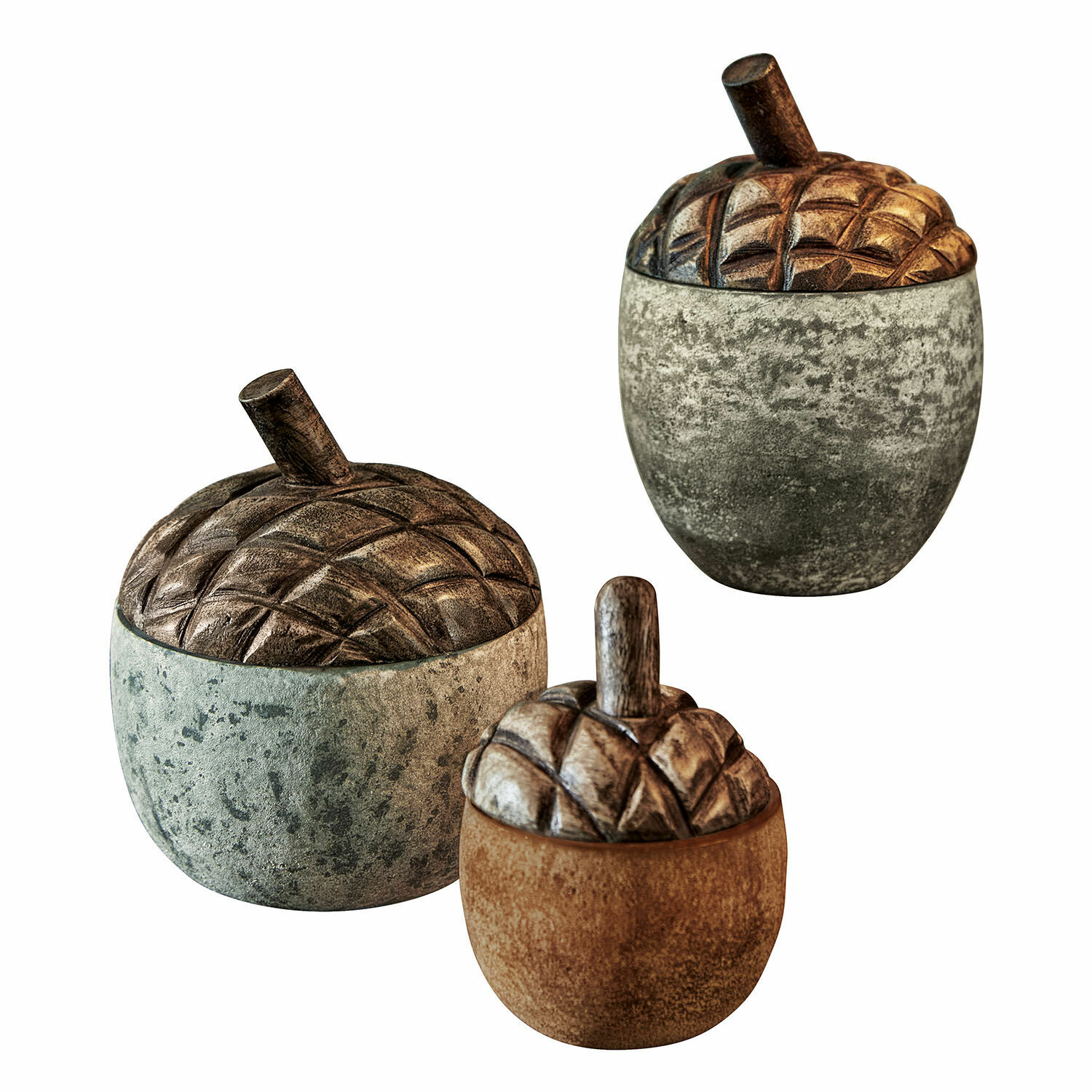 Set di 3 ghiande Vibius Set di tre contenitori decorativi a forma di ghianda in legno e pietra dai colori naturali per la casa