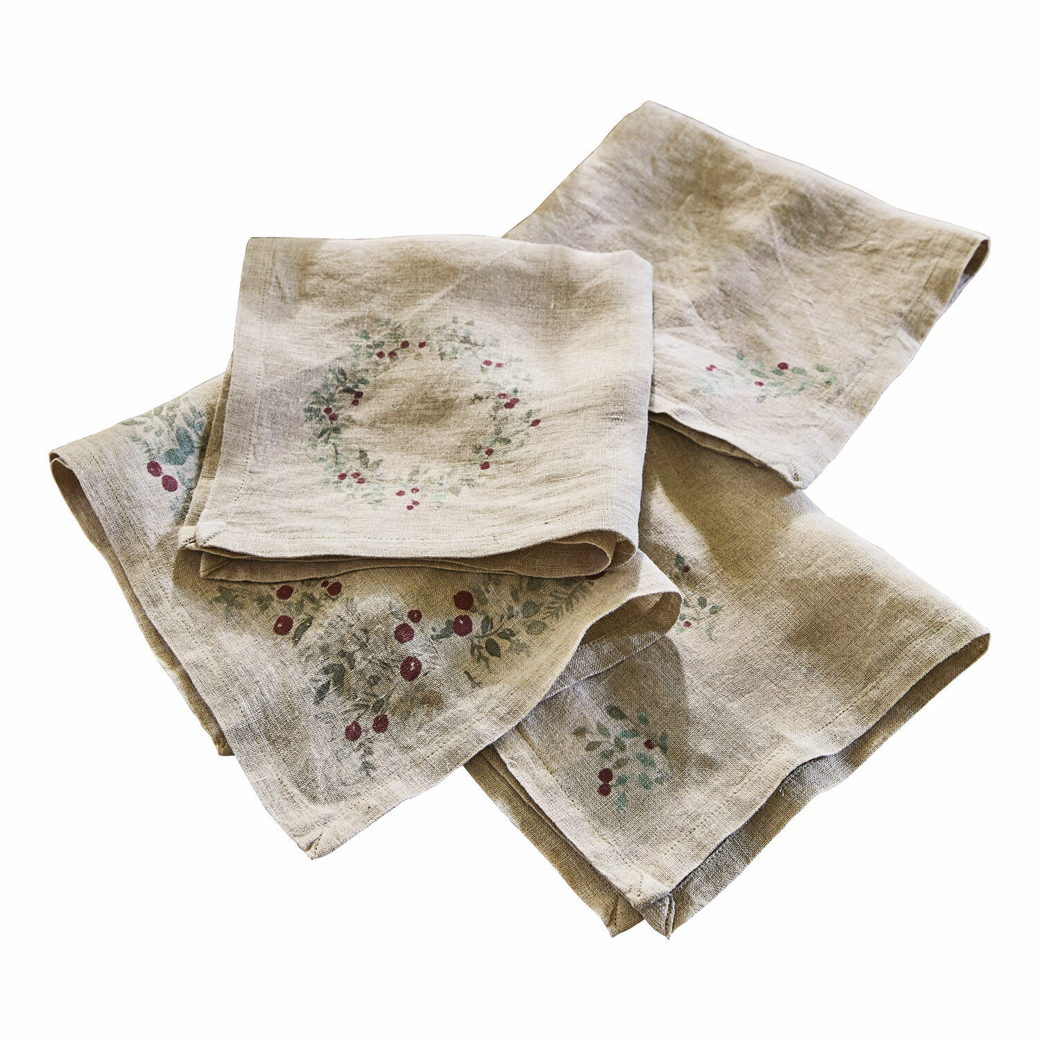 Set di 4 tovaglioli Lenius Tovaglioli in lino beige con motivo di bacche rosse e foglie verdi, decorazione da tavola