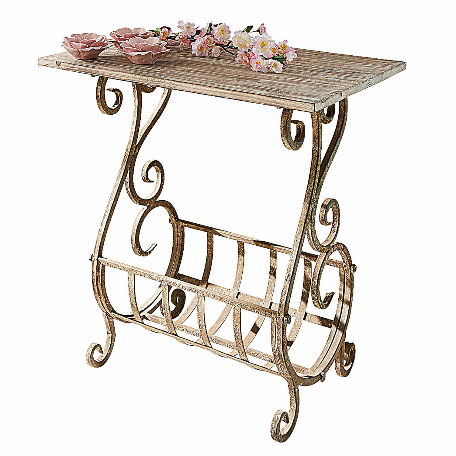 Consolle Ciattos Tavolino con struttura in metallo anticato e piano in legno naturale, mobile decorativo