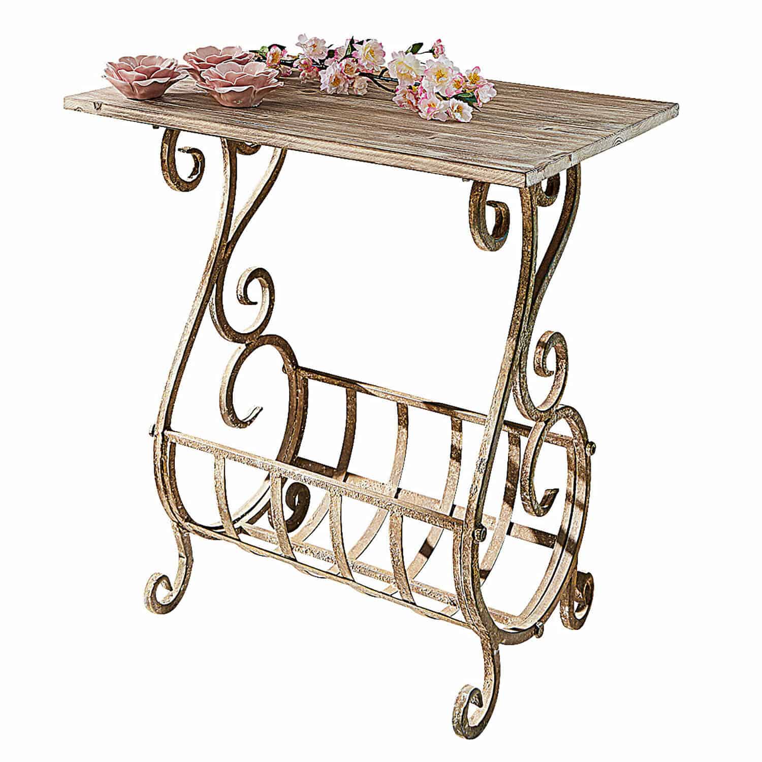 Consolle Ciattos Tavolino con struttura in metallo anticato e piano in legno naturale, mobile decorativo