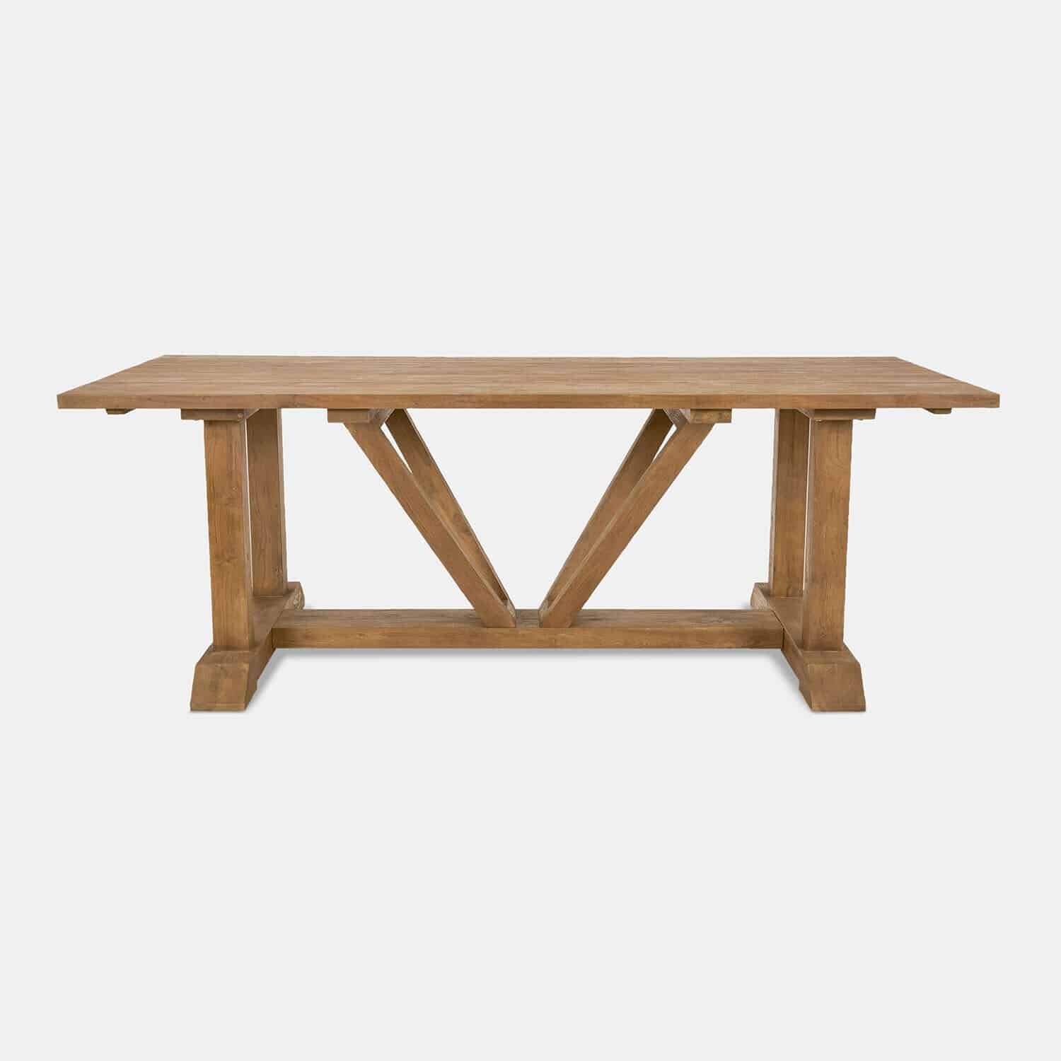 Tavolo Melvoro Tavolo da pranzo in legno naturale con struttura robusta e supporto decorativo a V