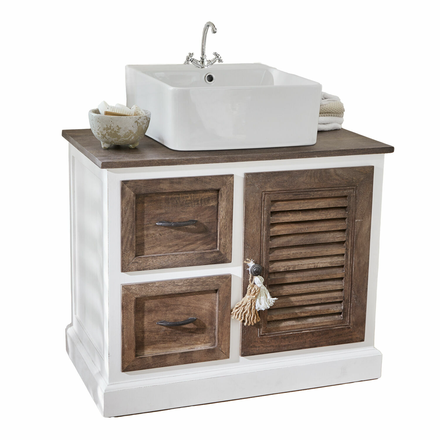 Mobile con lavabo Farmington Mobile bagno bianco con piano in legno e lavabo in ceramica, stile rustico