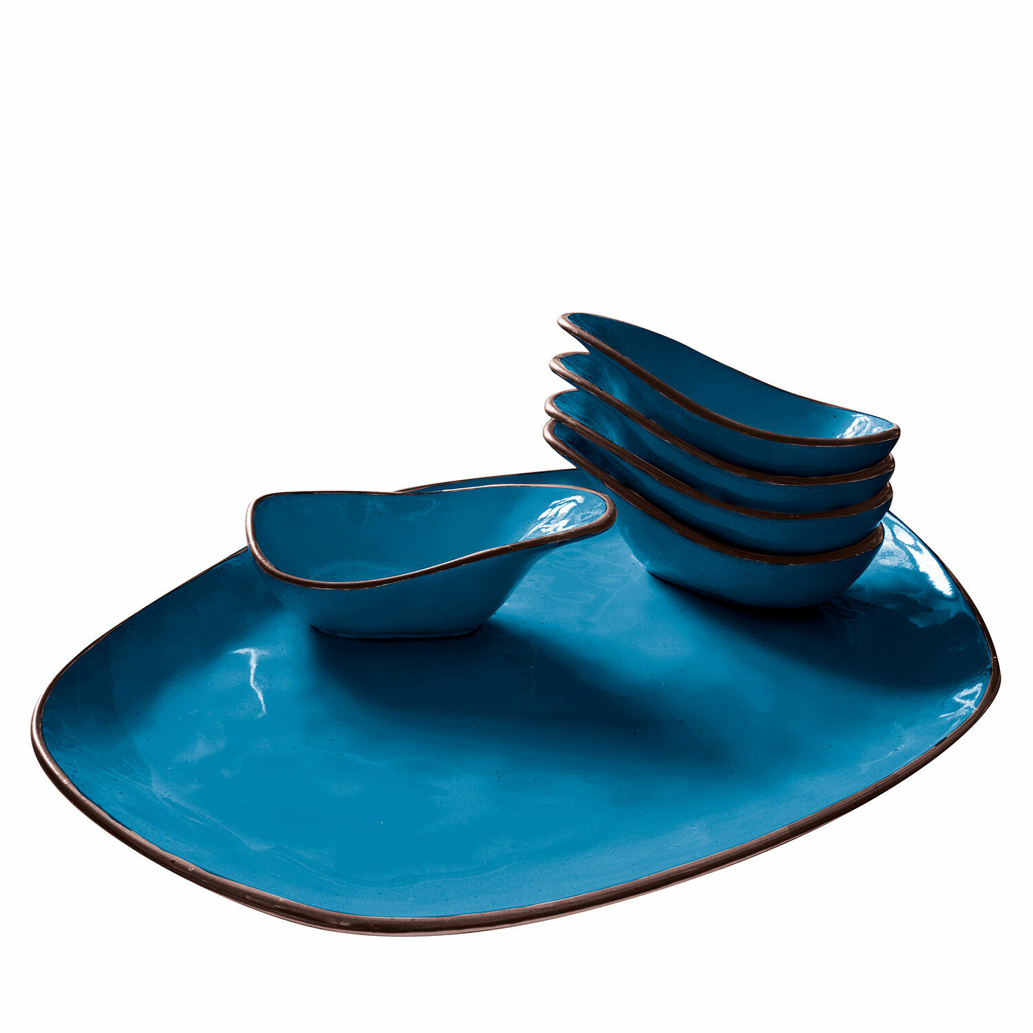 blu Set di 6 ciotole in ceramica blu con grande piatto da portata bordato marrone