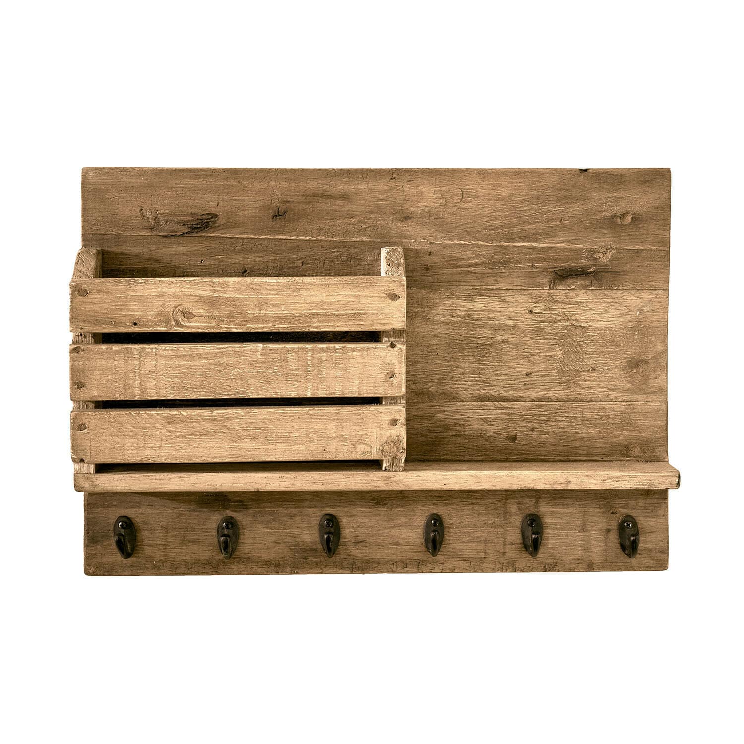 Portaoggetti da parete Turell Mensola da parete in legno naturale con ganci e cassetta per piccoli oggetti