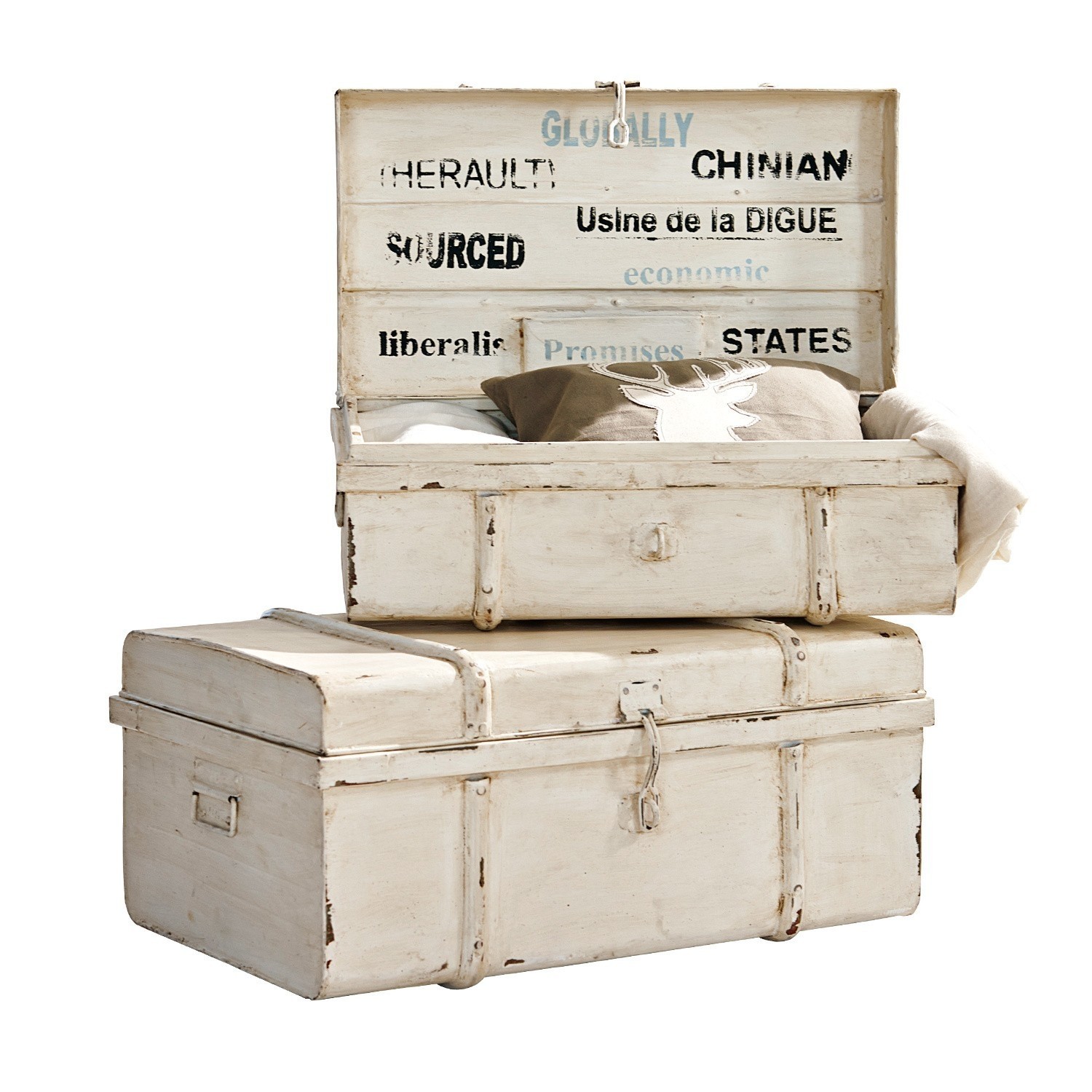 Coppia di bauli Riga Baule in legno bianco effetto invecchiato con scritte, cassa decorativa per riporre oggetti