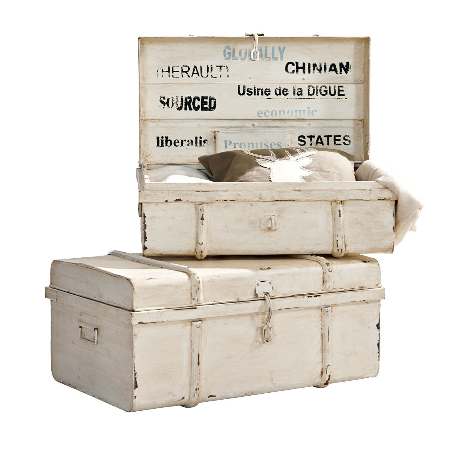 Coppia di bauli Riga Baule in legno bianco effetto invecchiato con scritte, cassa decorativa per riporre oggetti