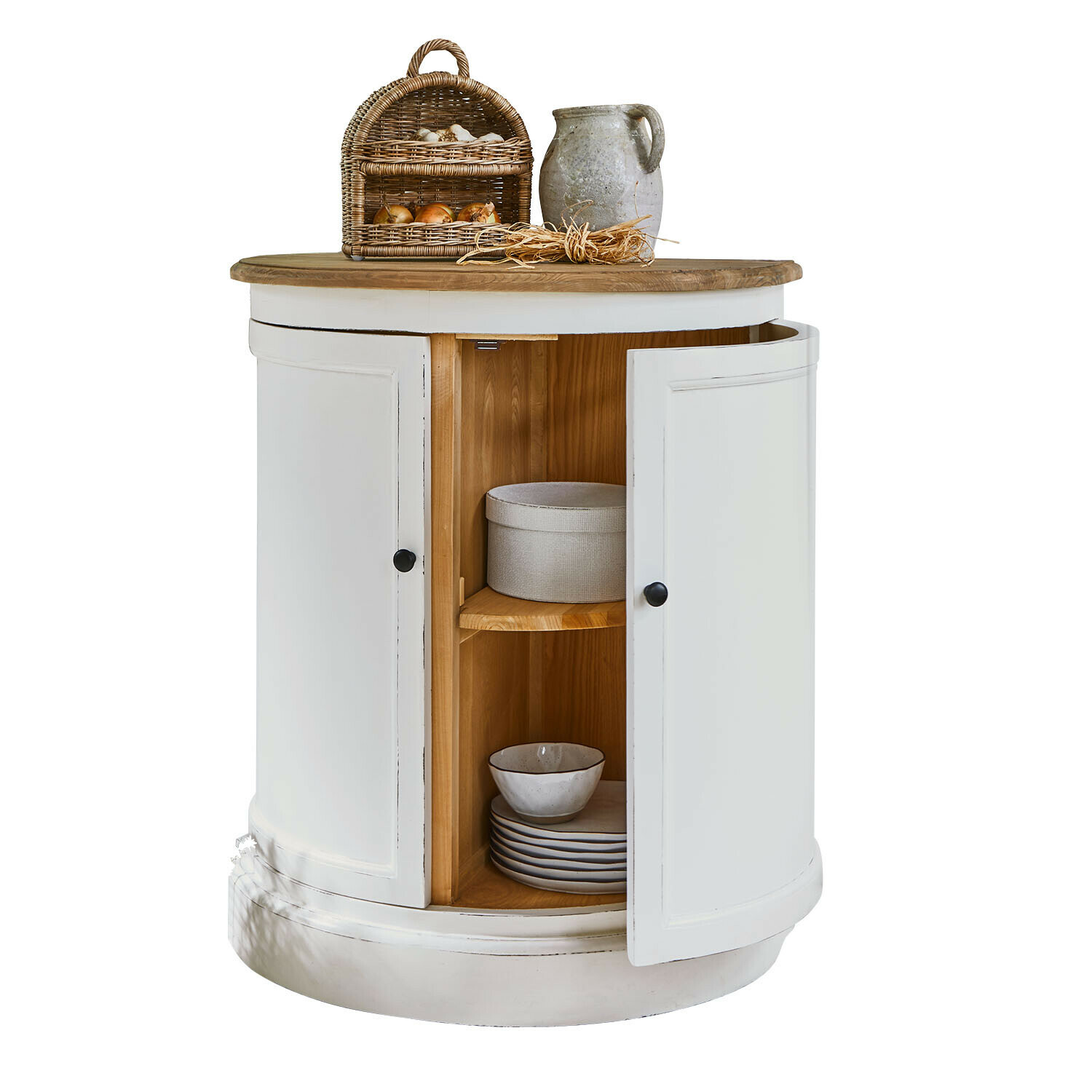 Credenza Louisiana Mobile rotondo bianco in legno con ripiani e piano in legno naturale per conservare la stoviglieria