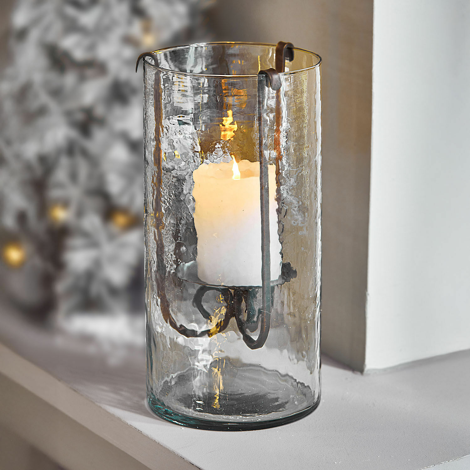Lanterna Thjora Portacandela in vetro con supporto metallico e candela bianca, decorazione d'interni, illuminazione LED