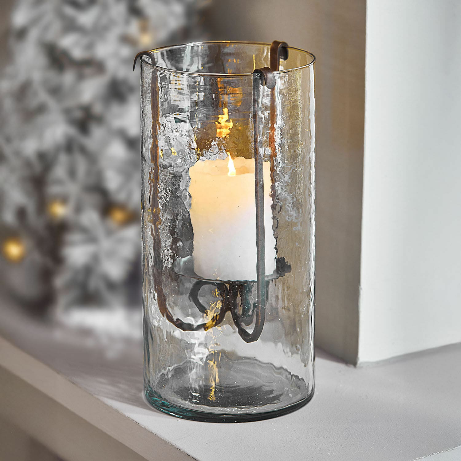 Lanterna Thjora Portacandela in vetro con supporto metallico e candela bianca, decorazione d'interni, illuminazione LED