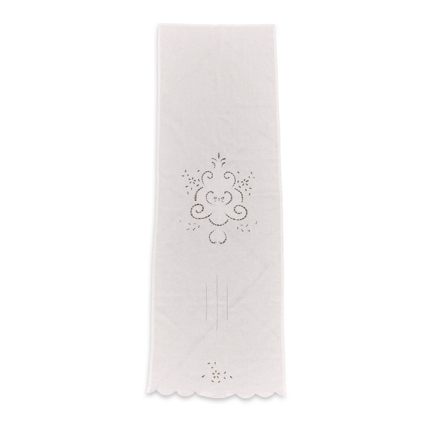 Runner Kara Runner da tavola bianco in lino con motivo traforato e bordo smerlato per decorazione