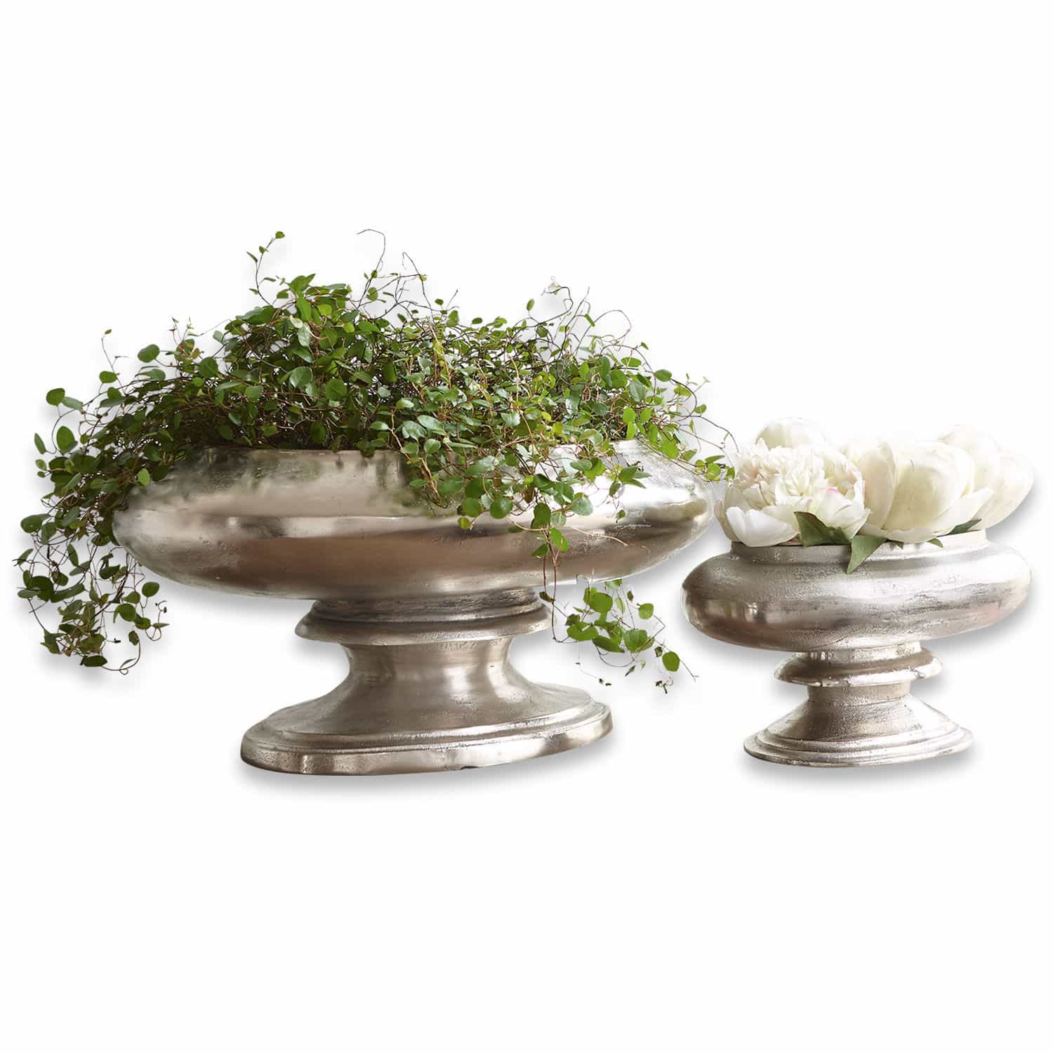 Coppia di vasi Loyère Due vasi in metallo argentato su piedistallo con piante verdi e fiori bianchi per decorazione interna
