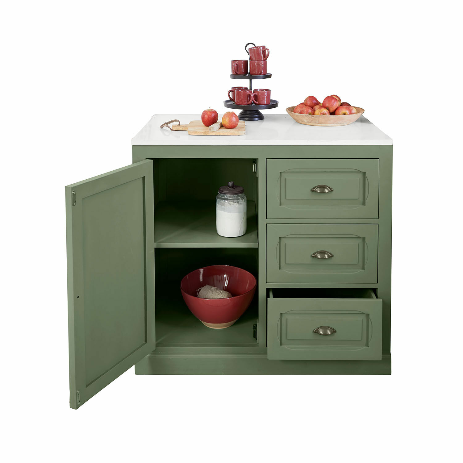 Mobile per la cucina Lansbury Mobile da cucina verde con piano bianco, ante e cassetti aperti, stoviglie rosse e mele sopra