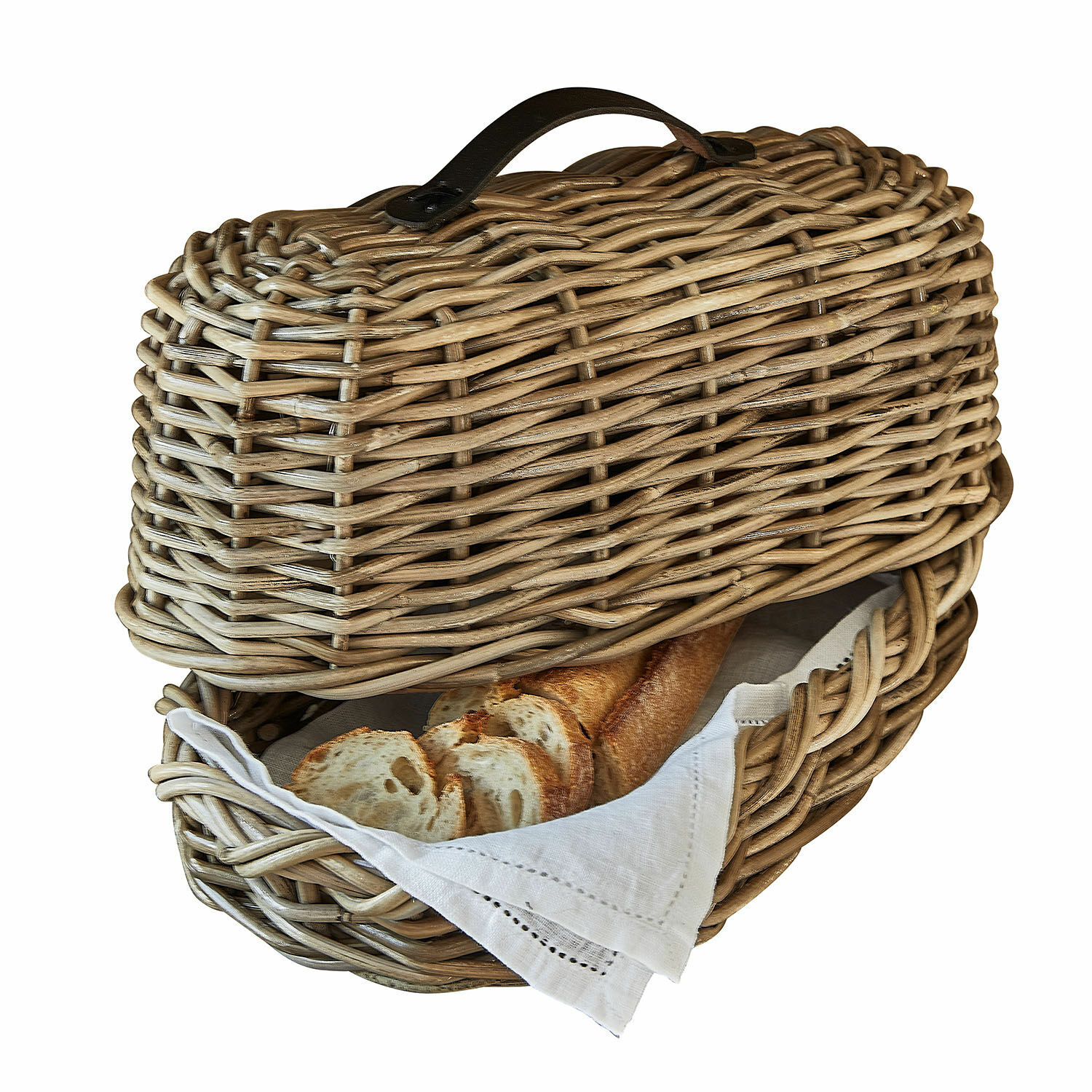 Portapane Gioialetto Cesto per pane in rattan naturale con tovagliolo bianco e baguette all'interno