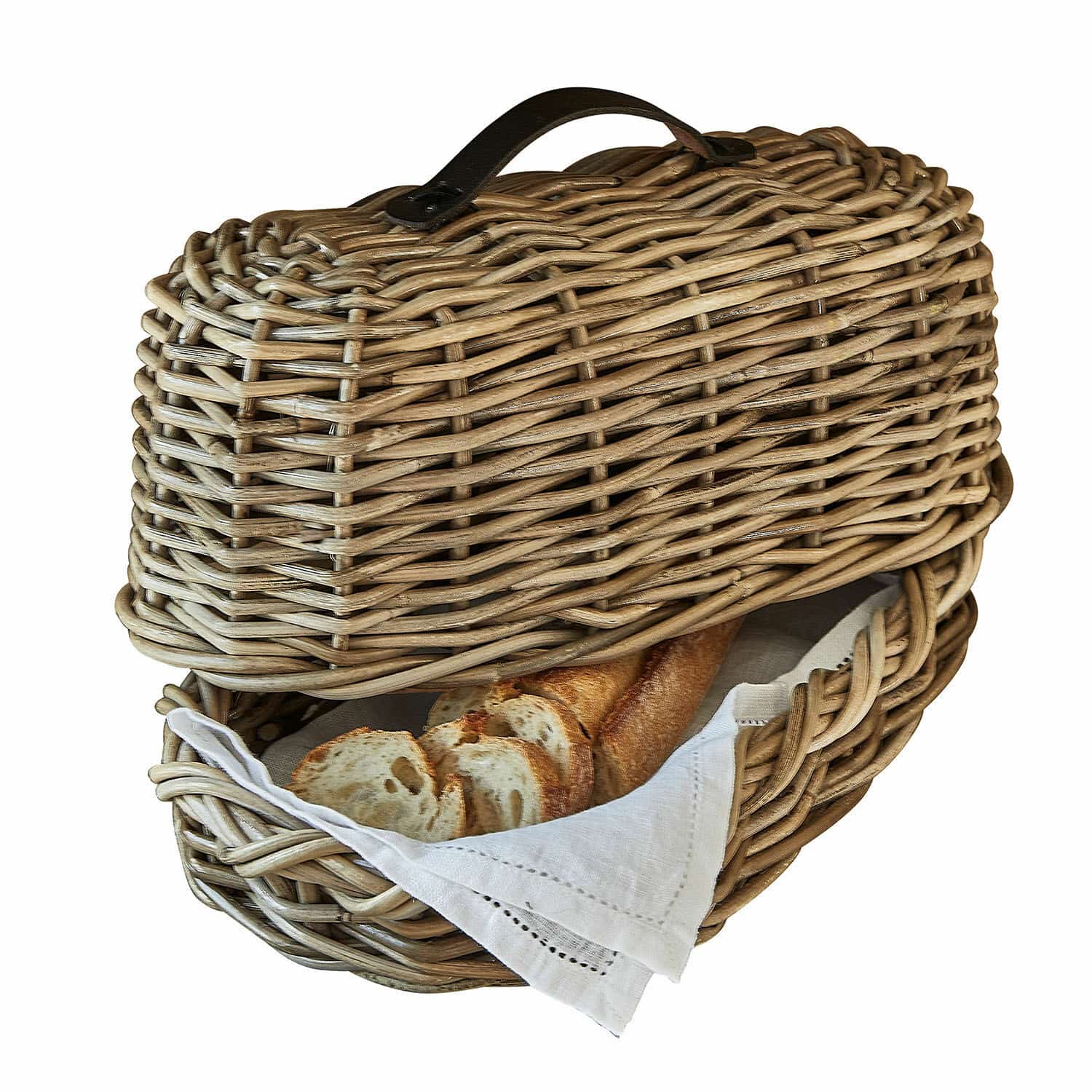 Portapane Gioialetto Cesto per pane in rattan naturale con tovagliolo bianco e baguette all'interno