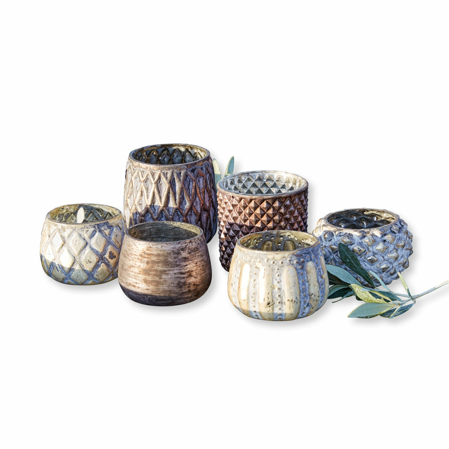 Set di 6 portalumini Fajolle Set di sei portacandele in ceramica marrone e beige con motivo decorativo per interni
