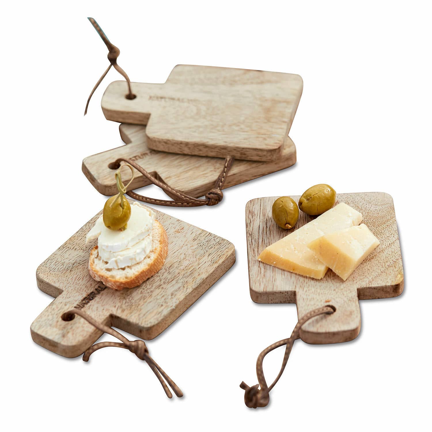 Set di 4 taglieri Boise Set di taglieri in legno chiaro con manici e lacci in pelle per servire