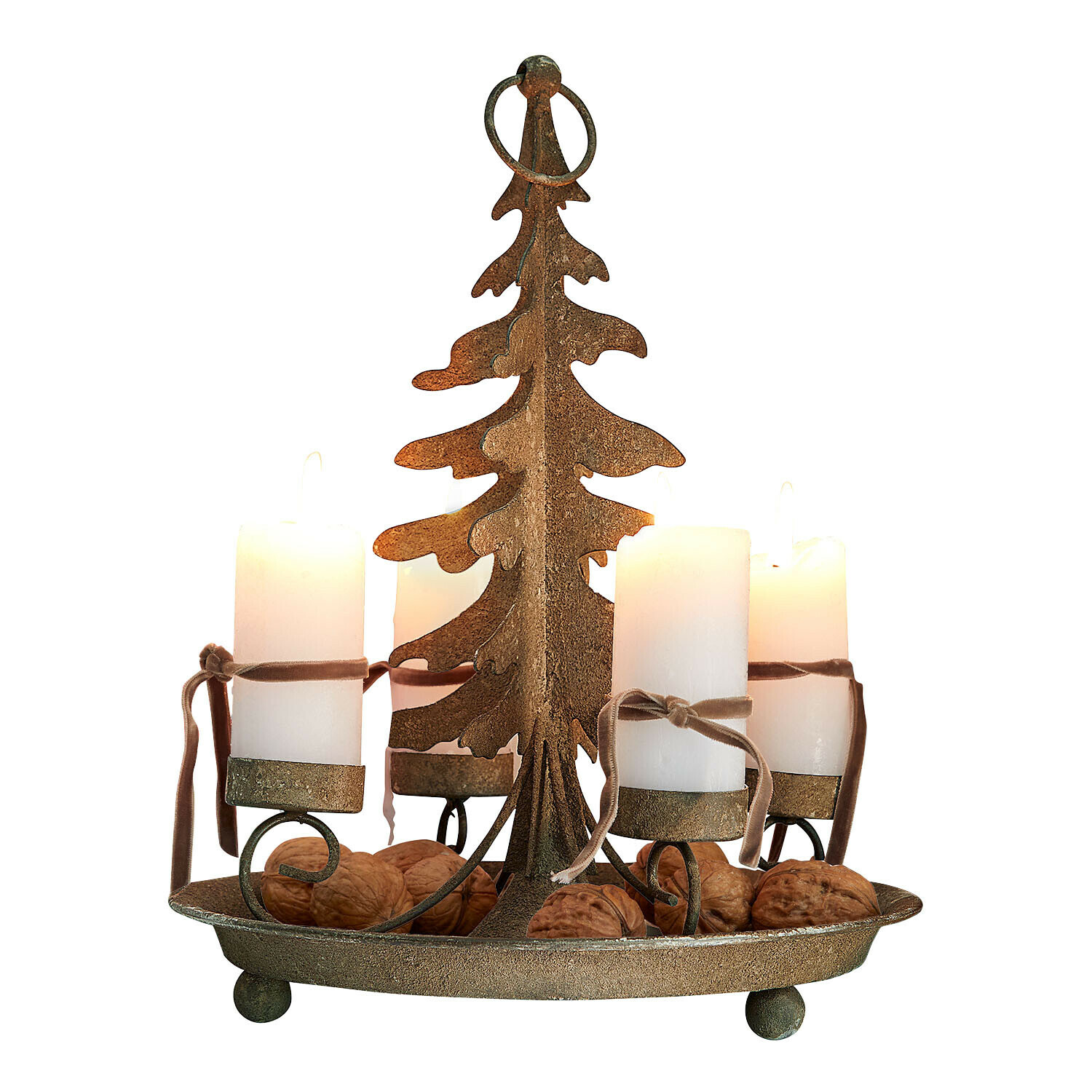 Candeliere Lunvik Portacandele in metallo a forma di albero con quattro candele bianche e noci decorative
