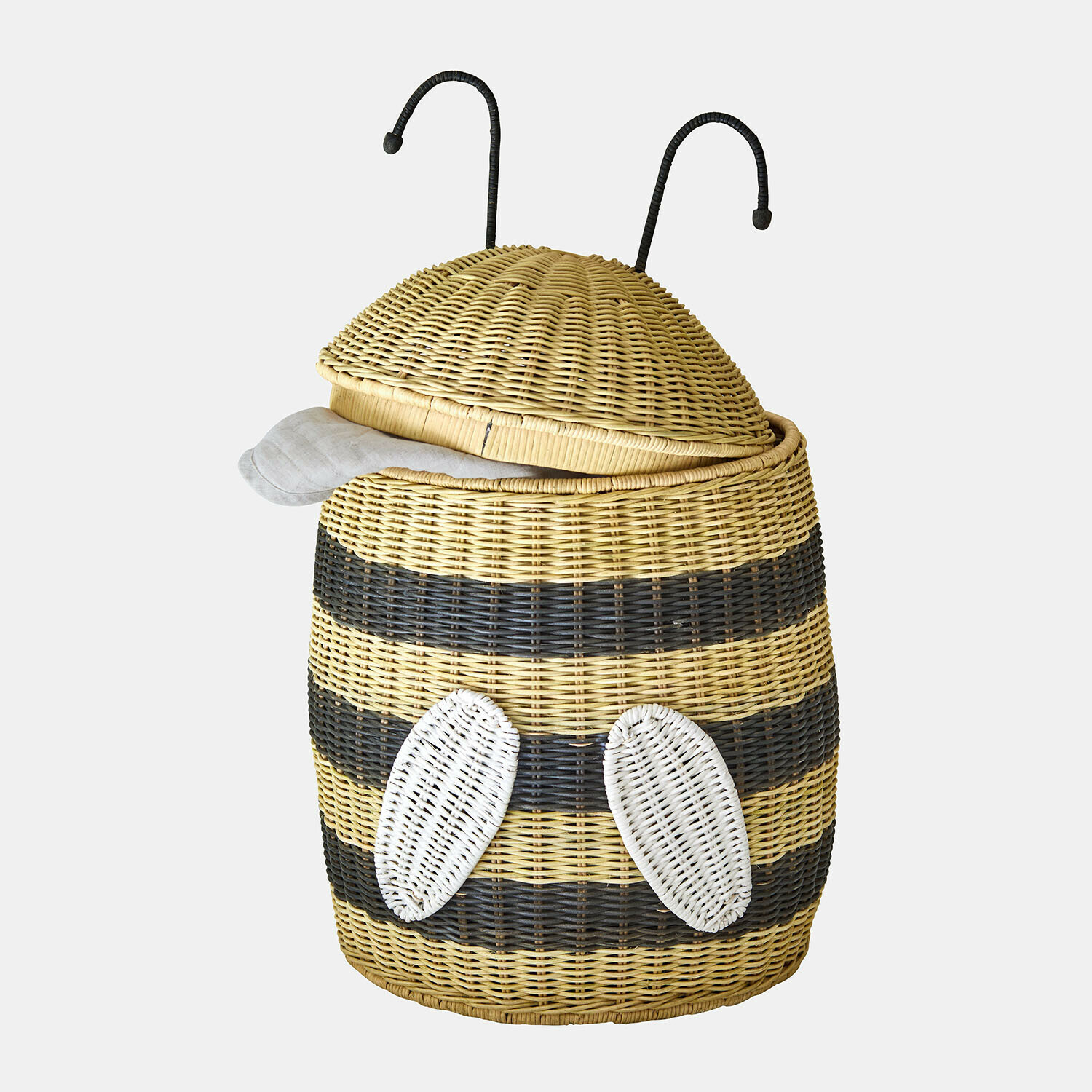 Cesto Fluttery Cesto in rattan a forma di ape con strisce gialle e nere, ali bianche e antenne nere