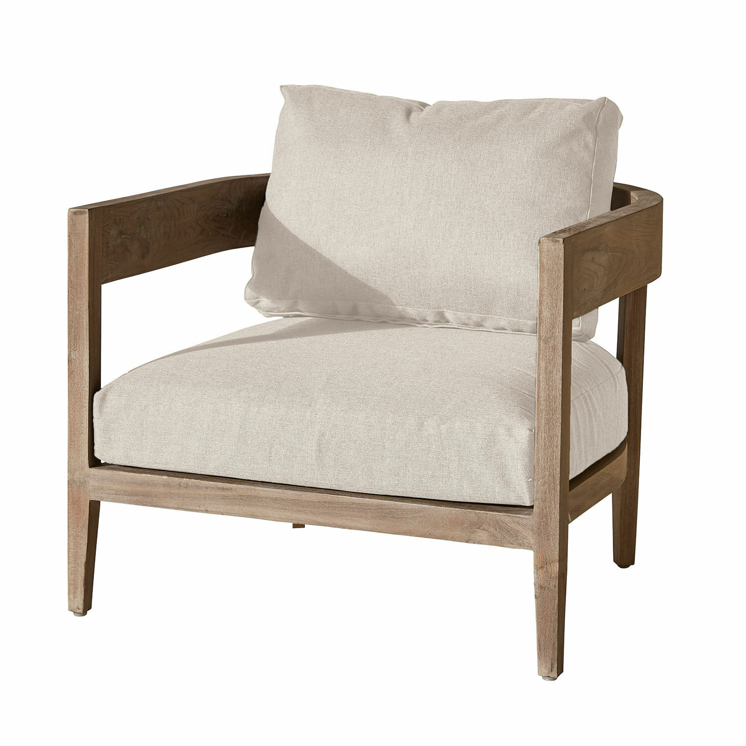 crema/marrone Poltrona Courtelevant con tessuto crema e struttura in legno marrone, mobile moderno per soggiorno