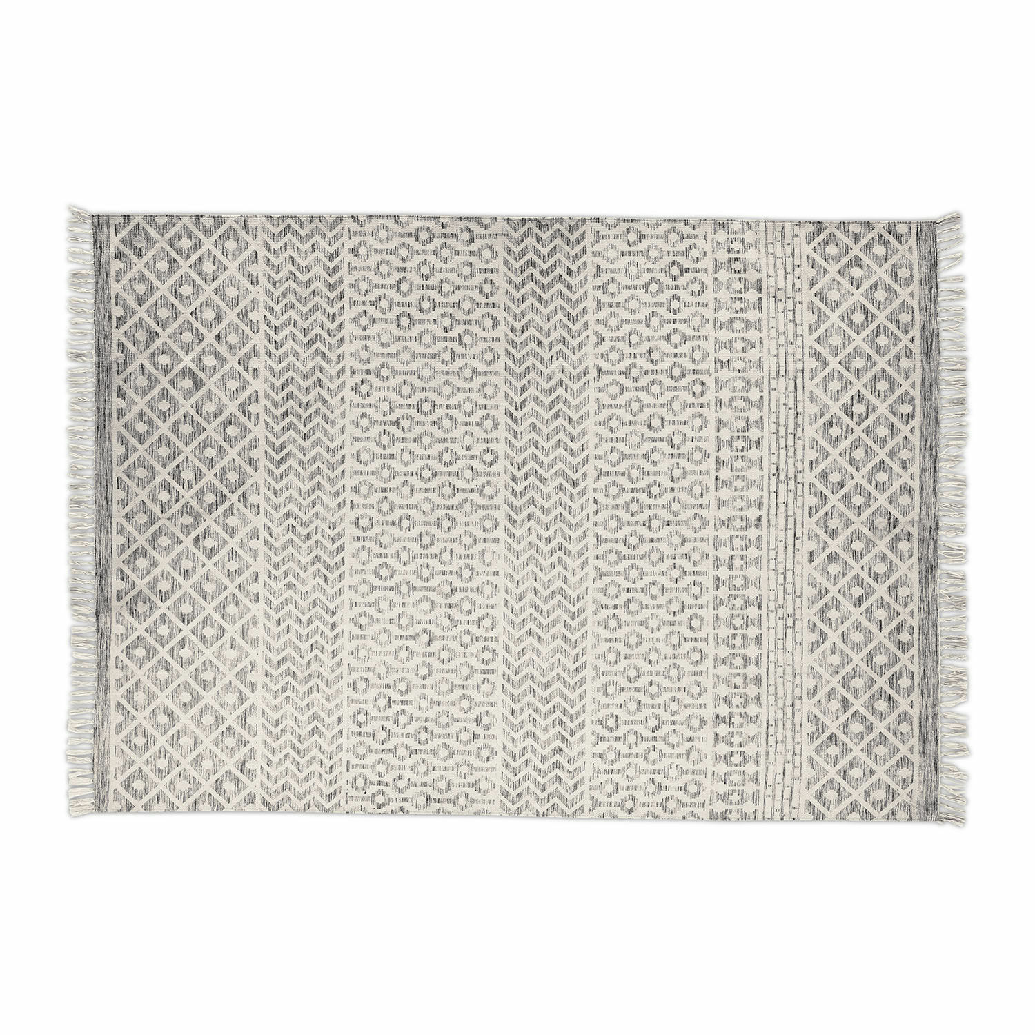 Tappeto per interni ed esterni Champigny Tappeto in cotone grigio e bianco con motivo geometrico e frange, decorazione per interni e pavimenti