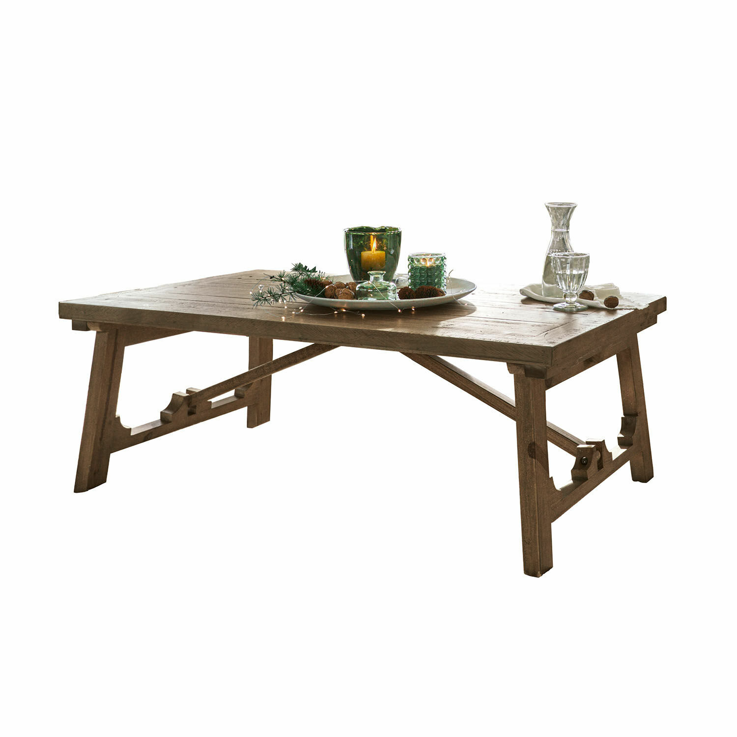Tavolino da salotto Flemming Tavolino rustico in legno naturale con vassoio decorativo e candela accesa